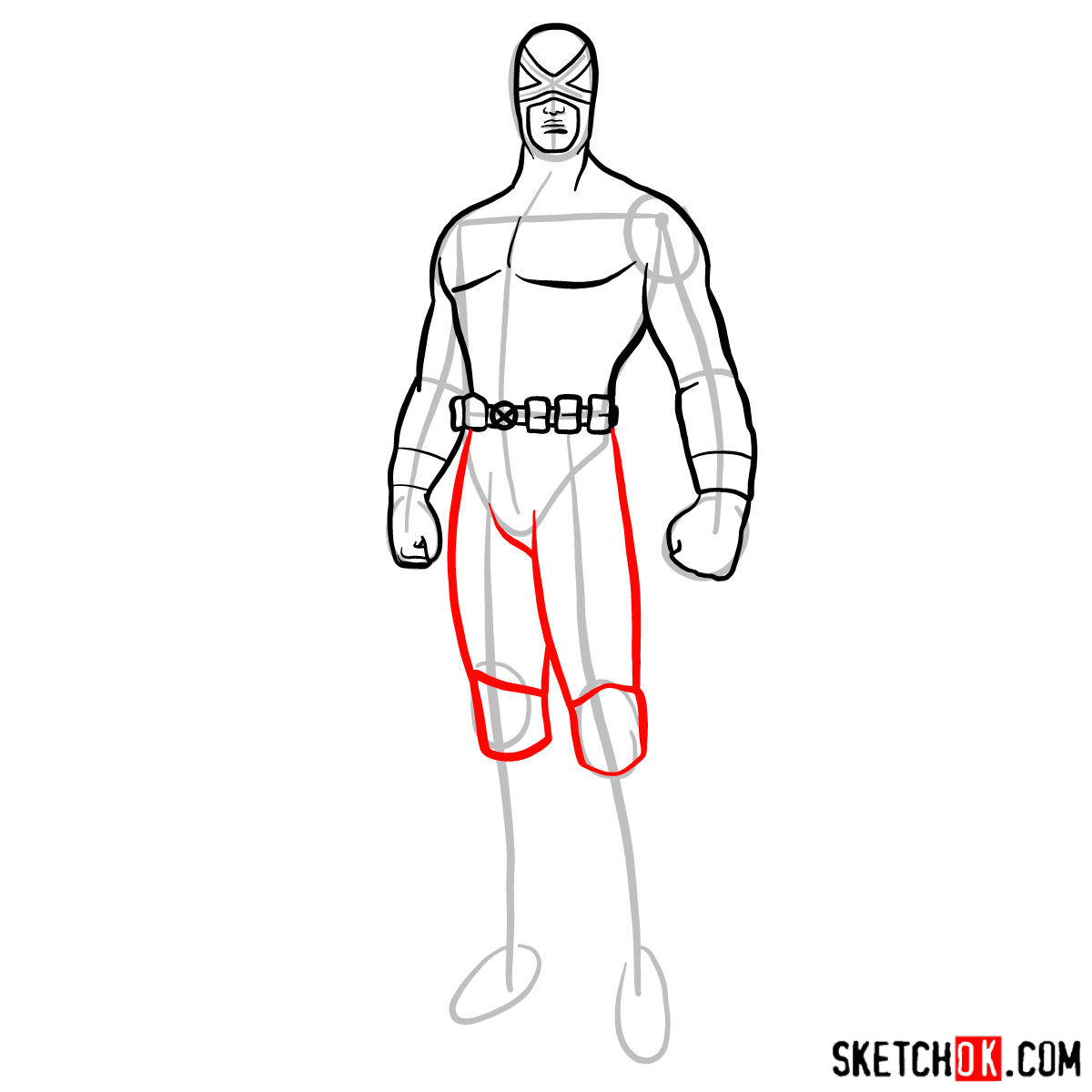 How to draw Cyclops in a dark-red uniform - step 09