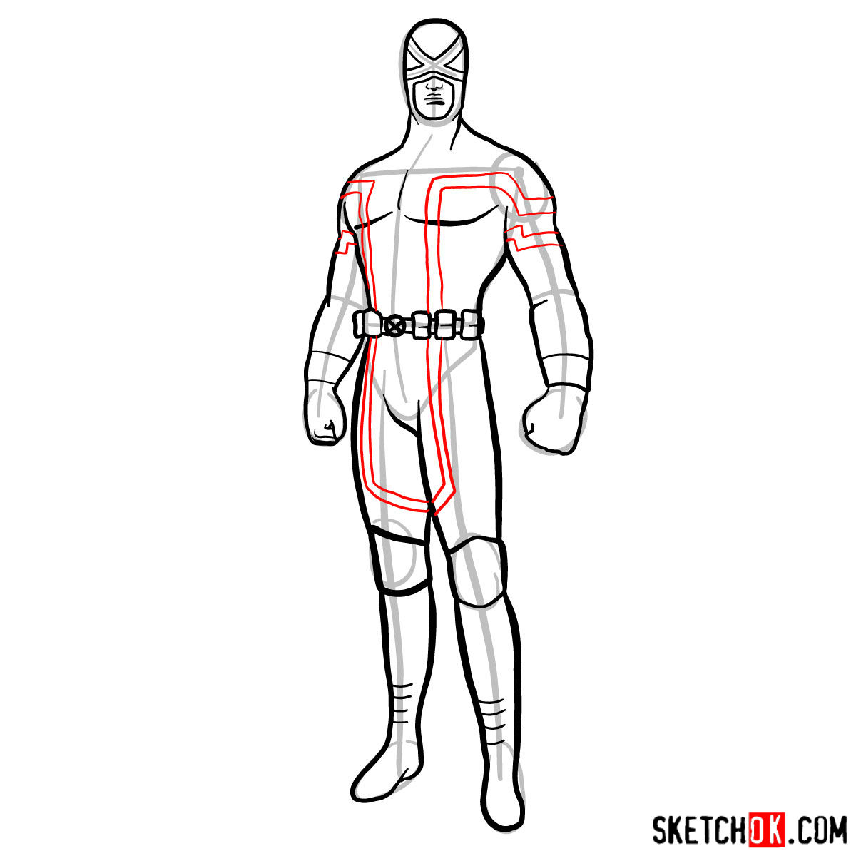 How to draw Cyclops in a dark-red uniform - step 11