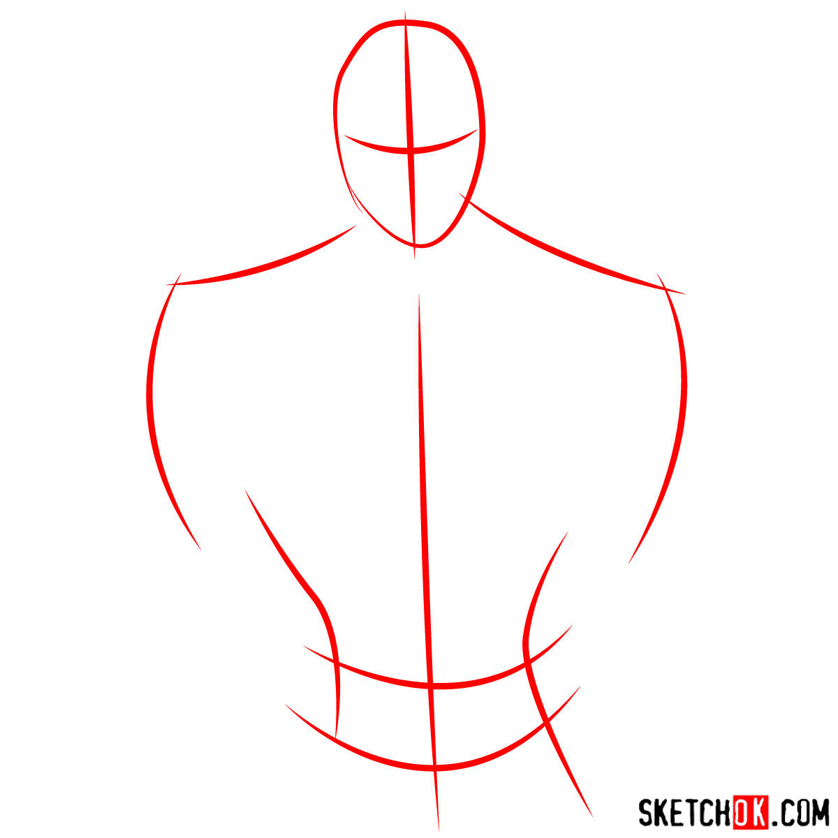 How to draw Deadpool to the waist - step 01