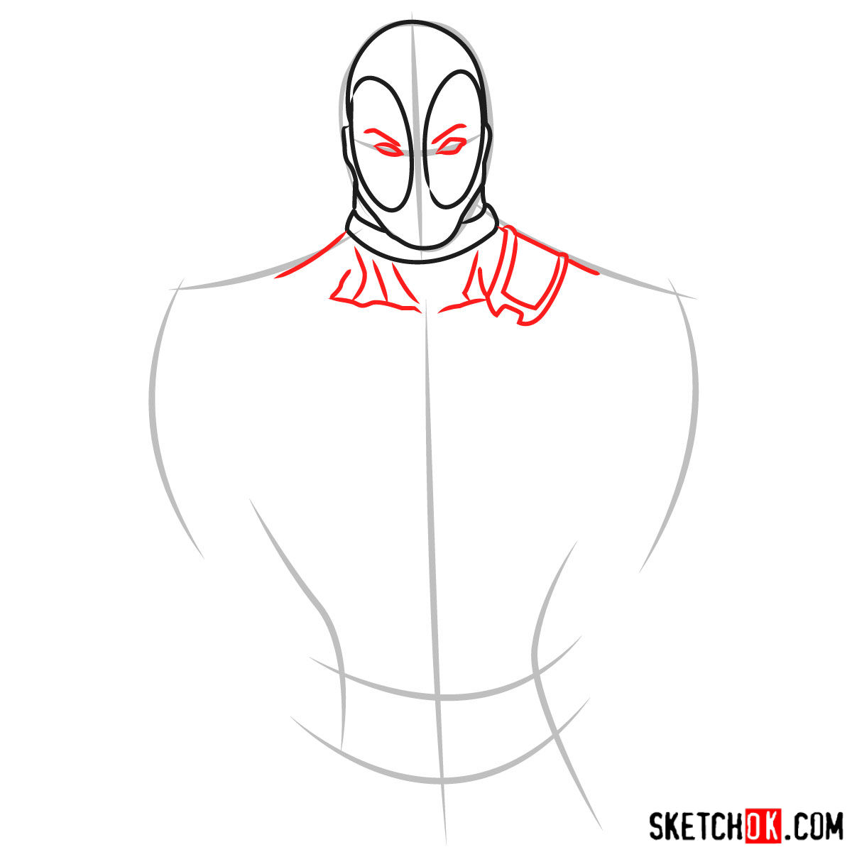 How to draw Deadpool to the waist - step 03
