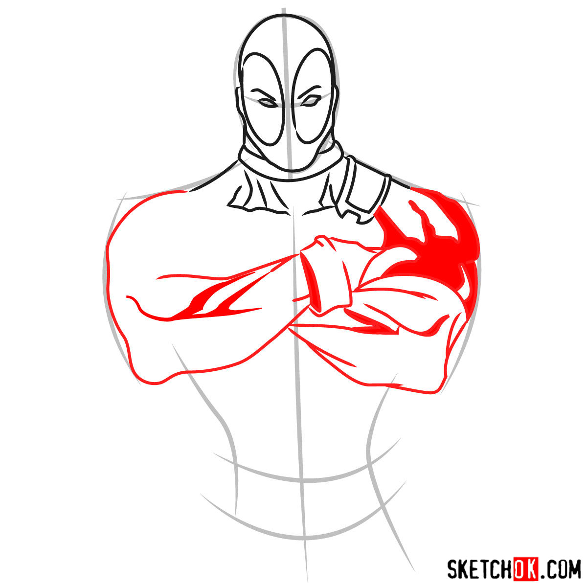 How to draw Deadpool to the waist - step 04