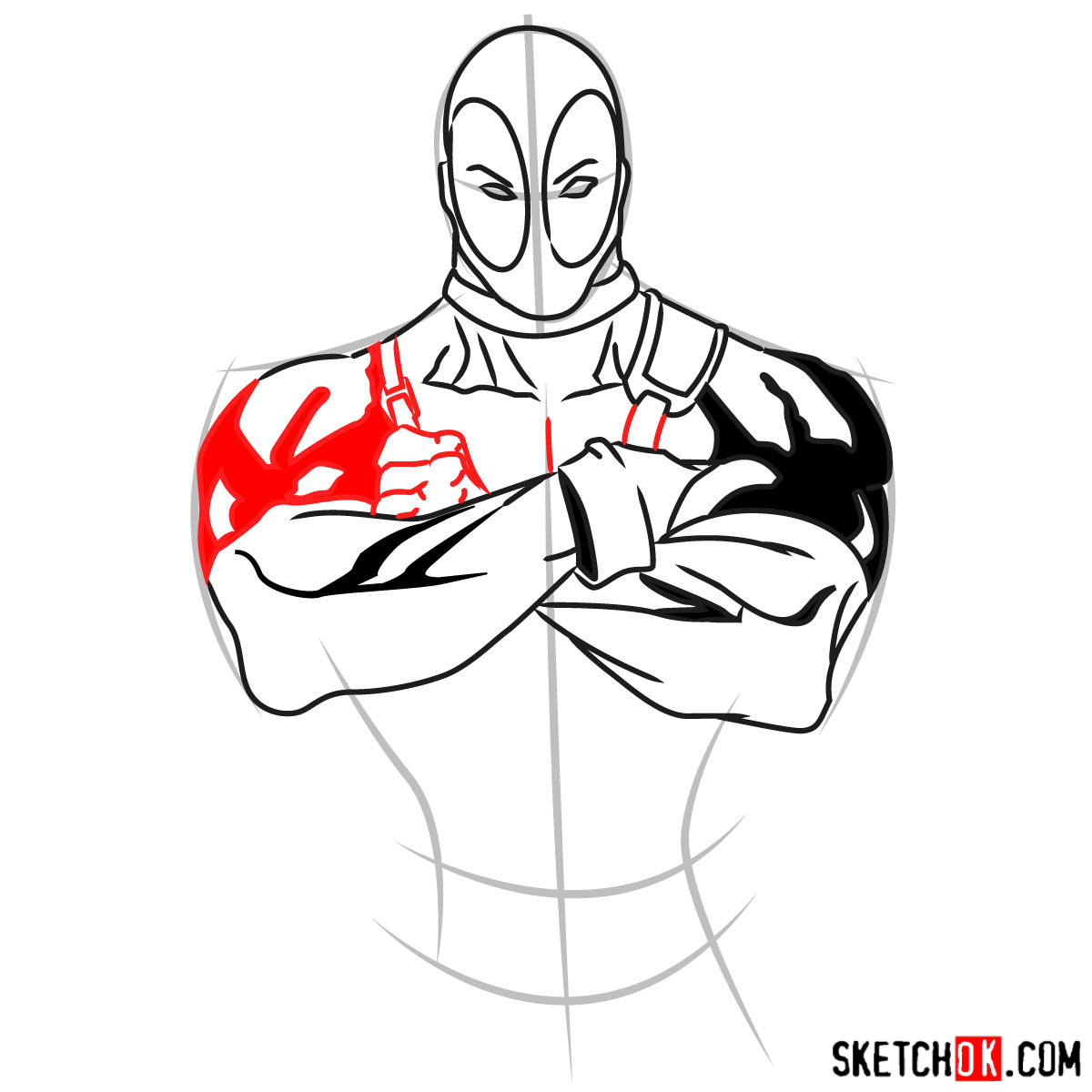 How to draw Deadpool to the waist - step 05