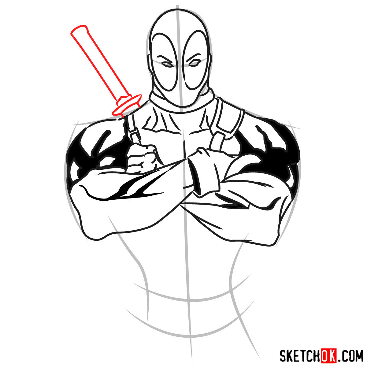 How to draw Deadpool to the waist - step 06