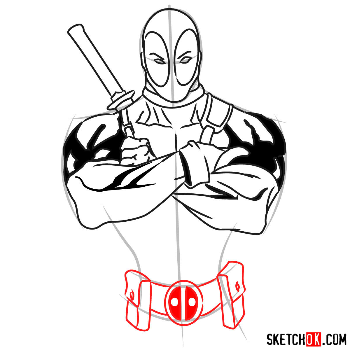 How to draw Deadpool to the waist - step 07