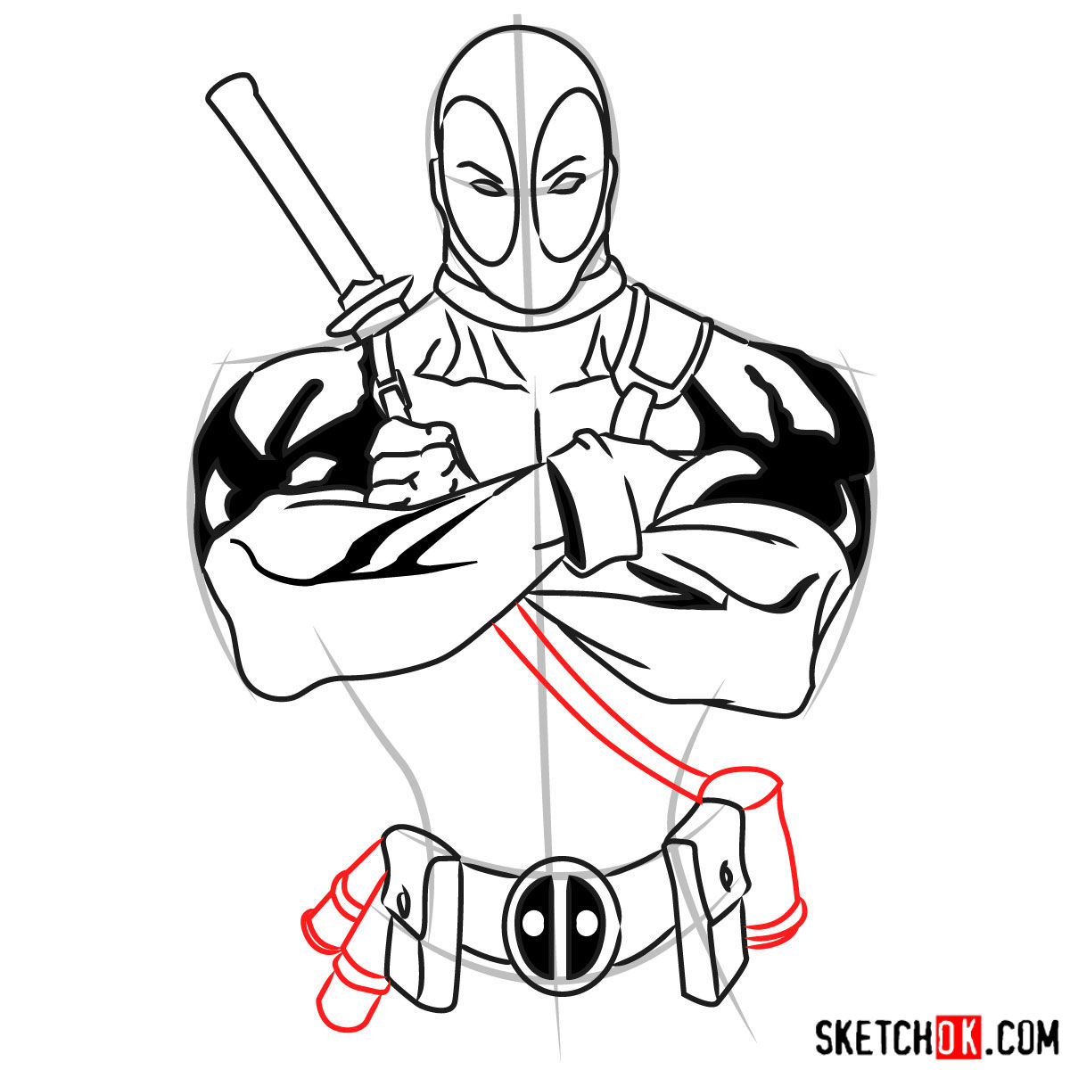 How to draw Deadpool to the waist - step 08