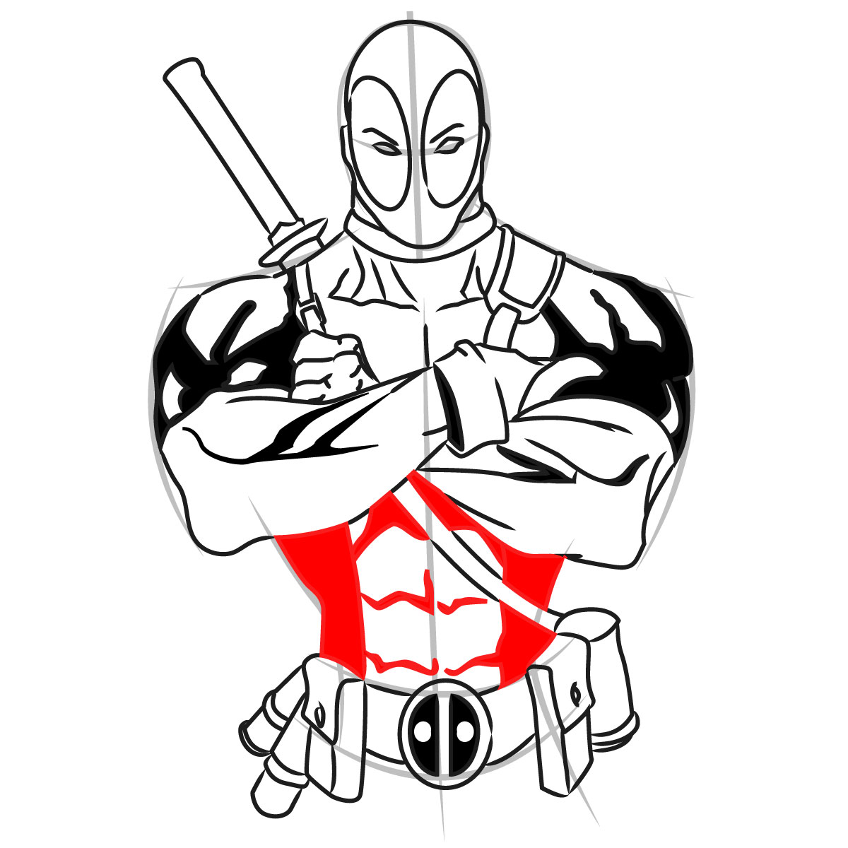 How to draw Deadpool to the waist - step 09