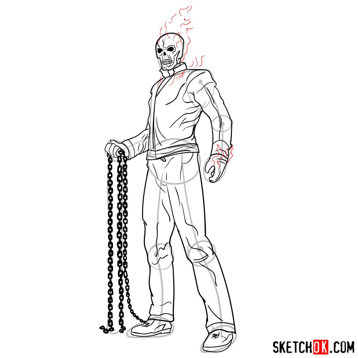 How to draw Ghost Rider with a hellfire chain - step 17