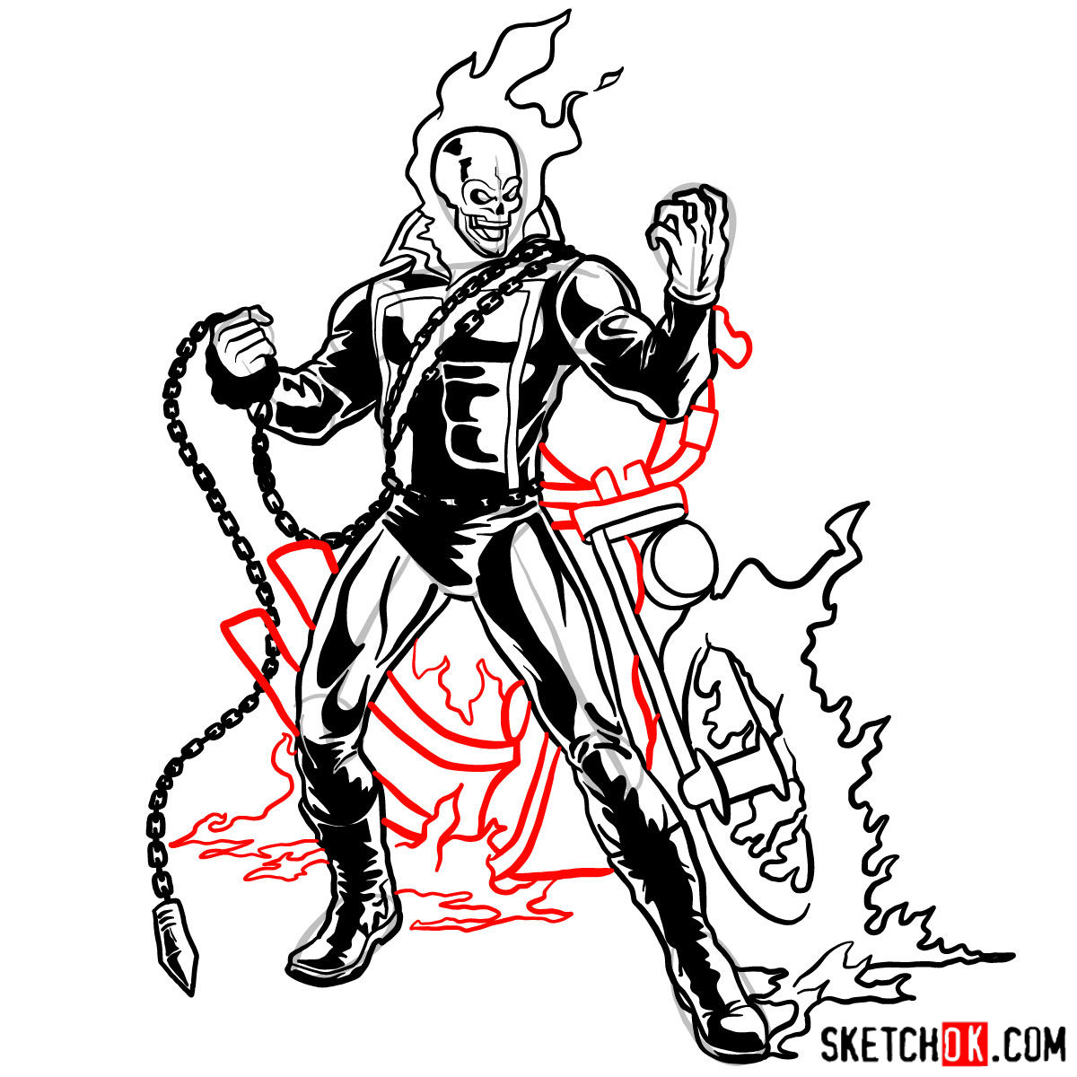 How to draw Ghost Rider with his flaming bike - step 19