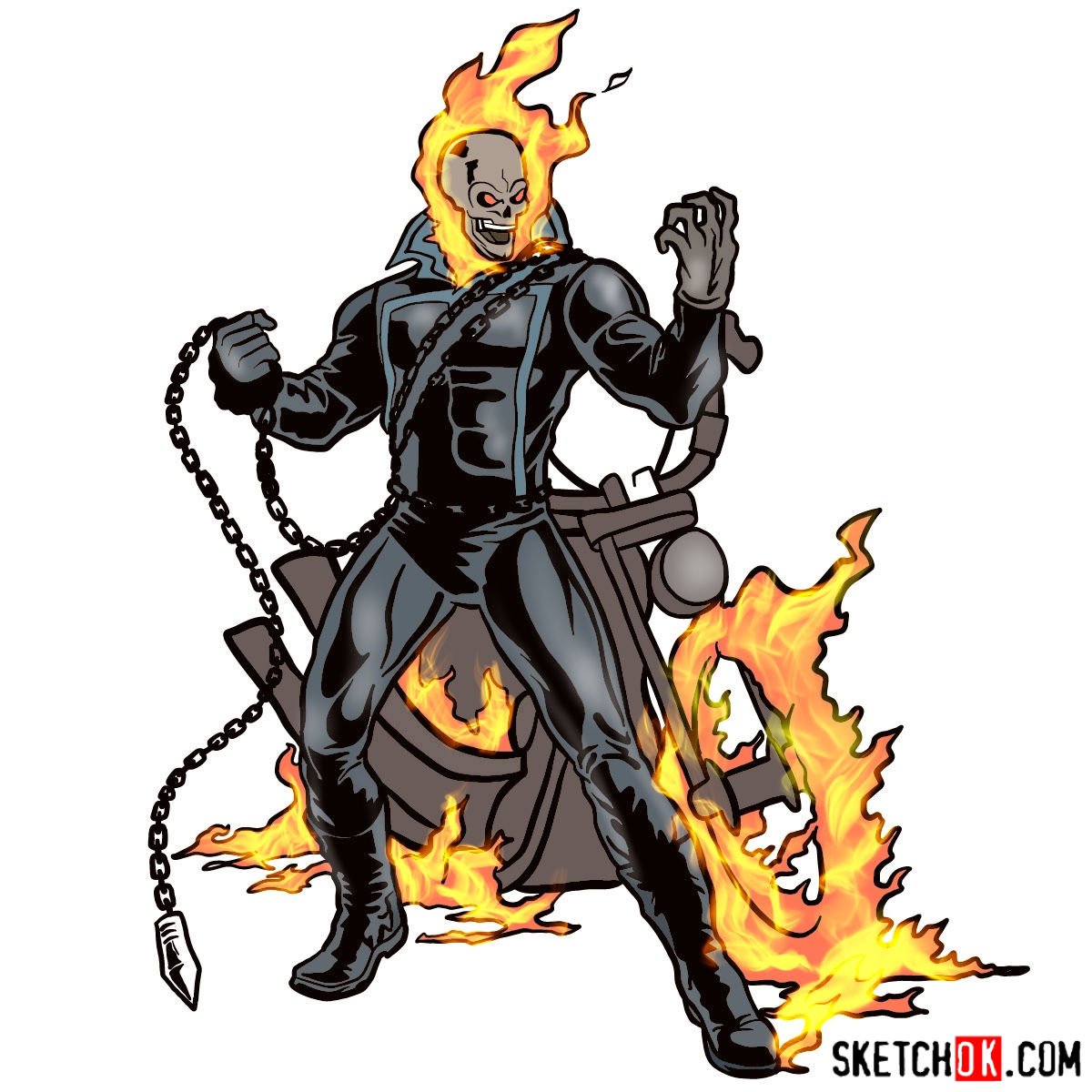 How to draw Ghost Rider with his flaming bike - Sketchok easy drawing guides