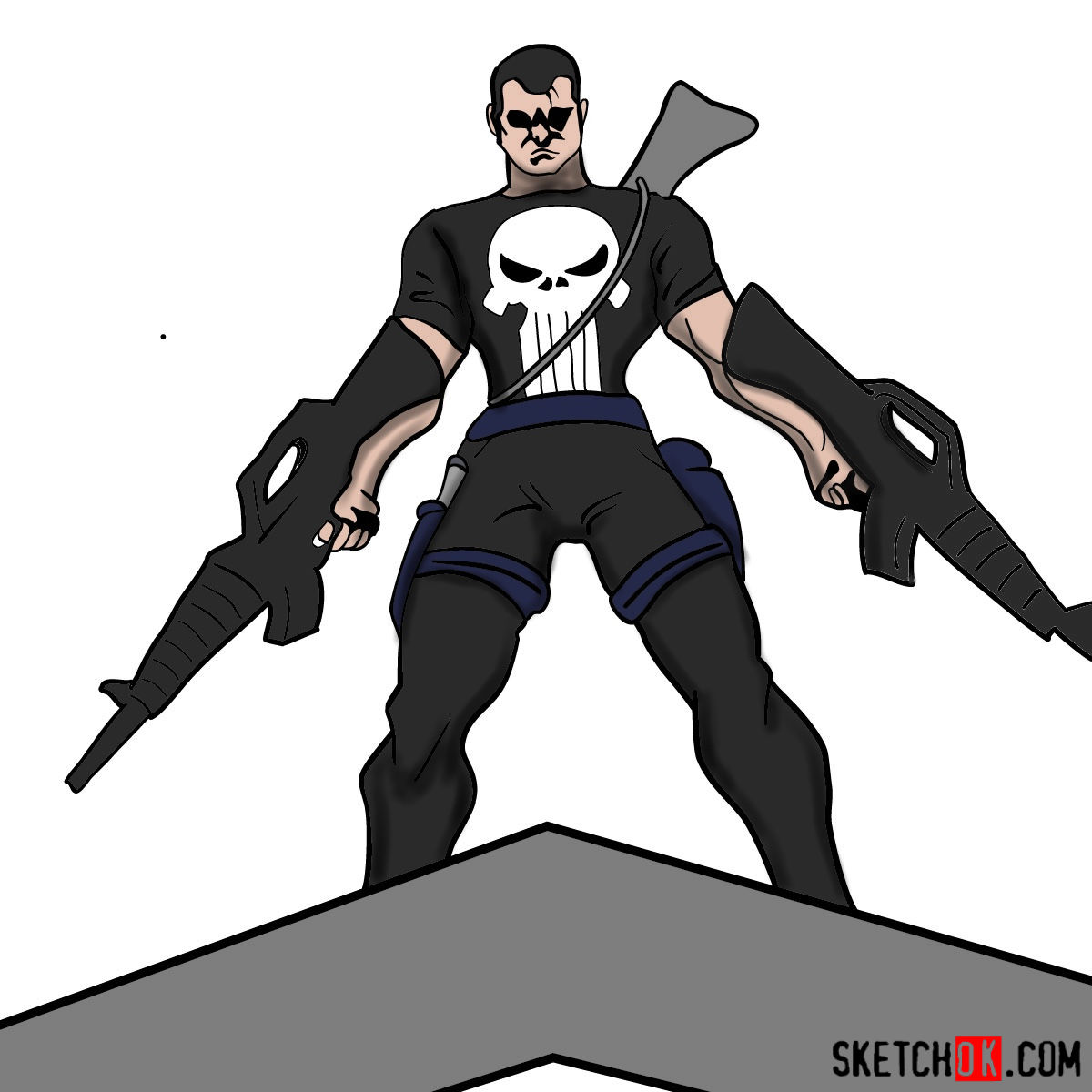 How to draw The Punisher with two submachine guns