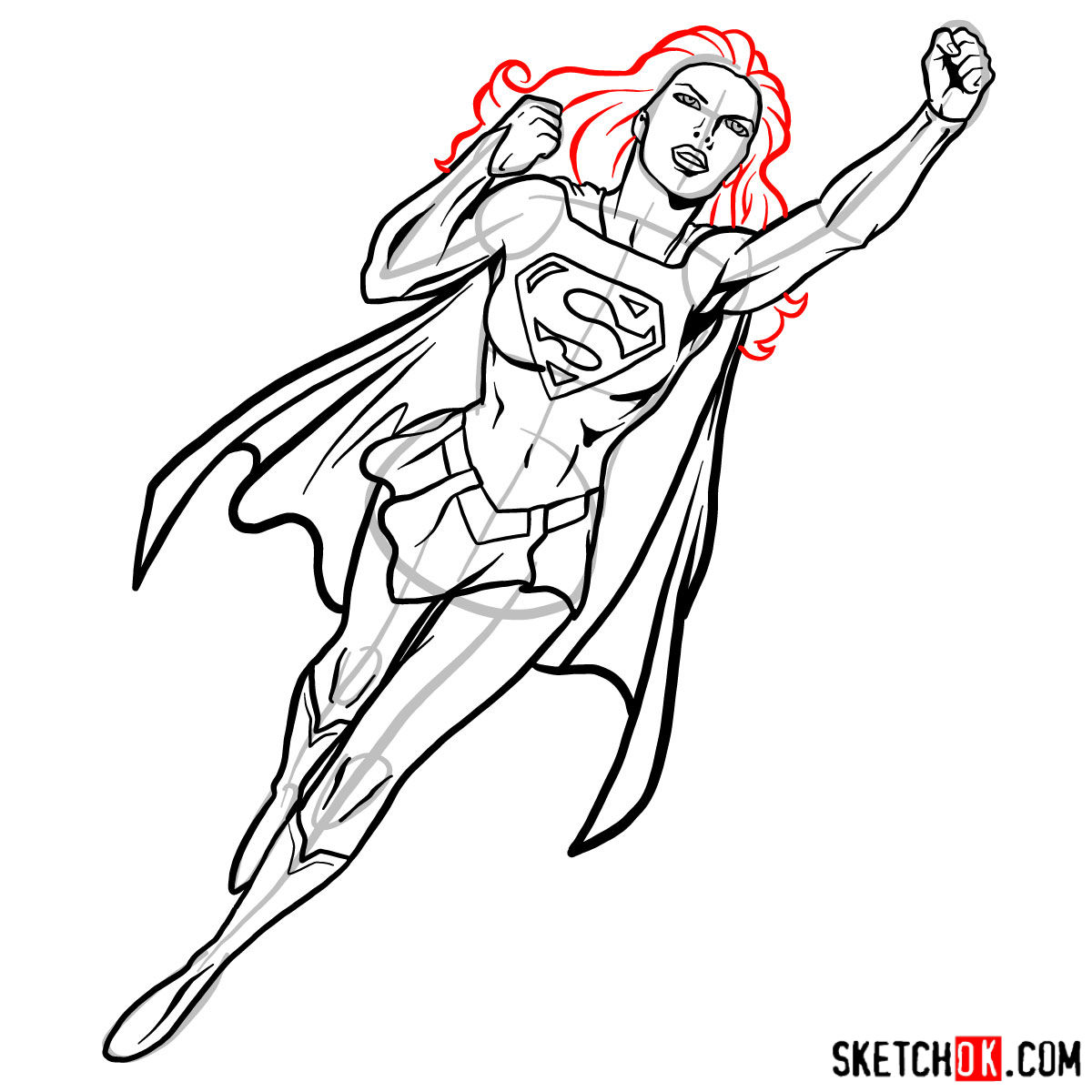 How to draw Supergirl in flight - step 13