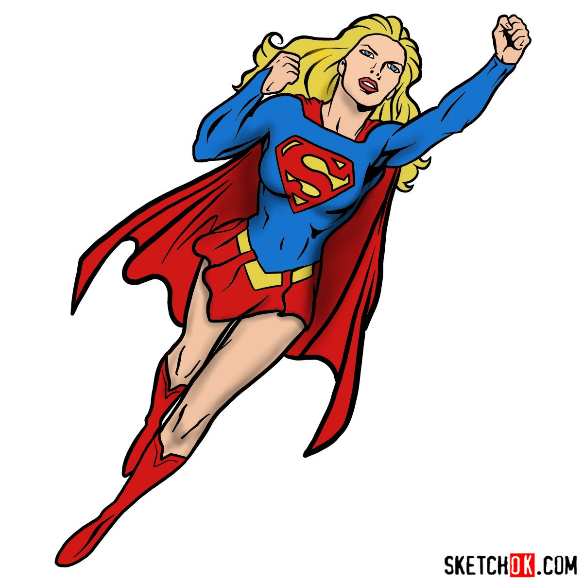 How to draw Supergirl in flight - Sketchok easy drawing guides