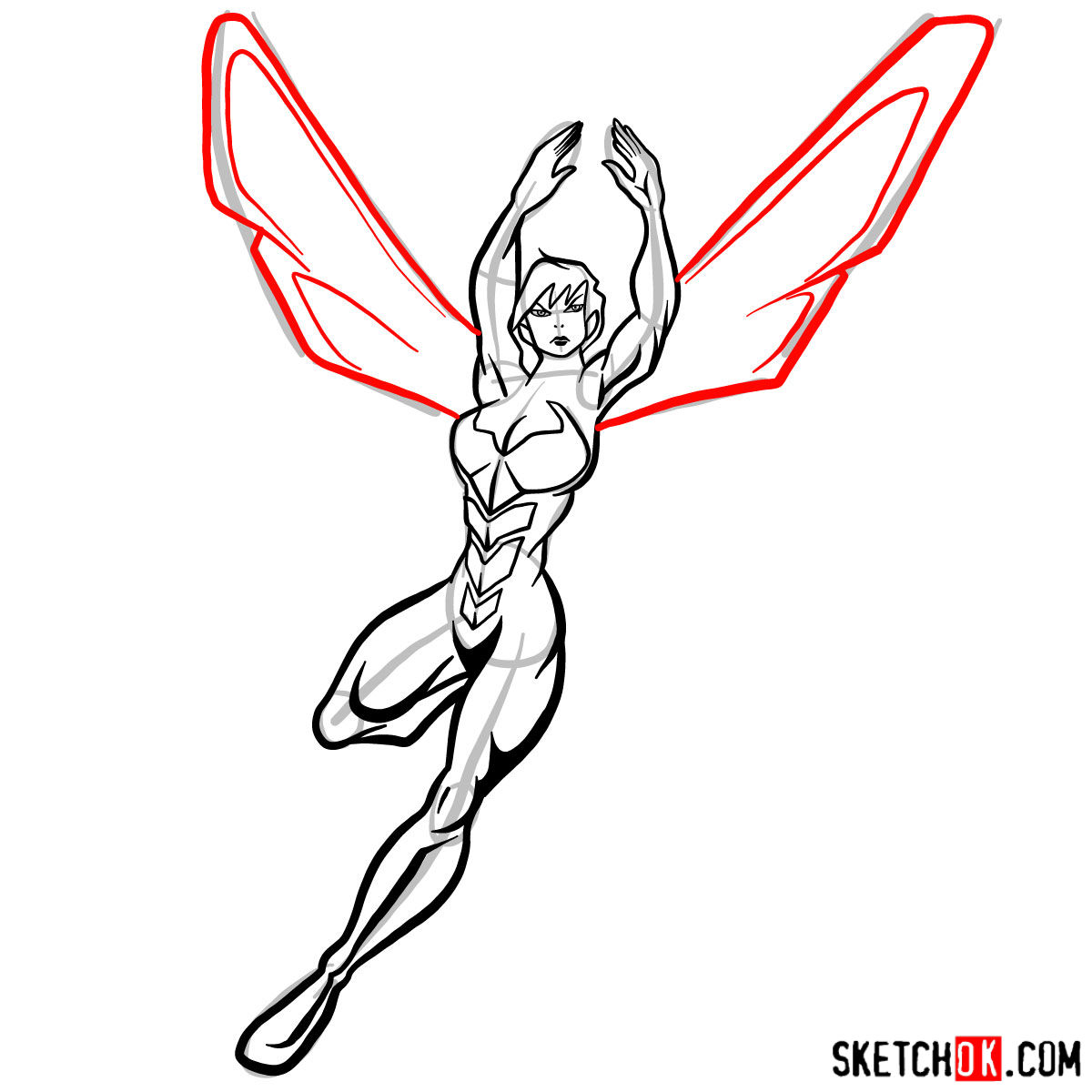 How to draw Wasp, Janet van Dyne from Marvel Comics - step 12