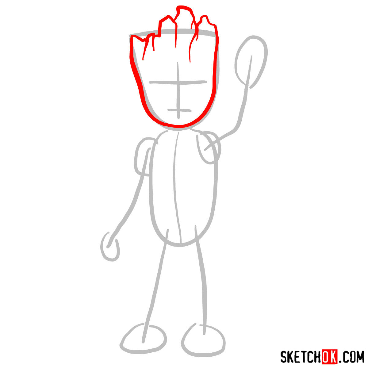How to draw Baby Groot waving - step 02