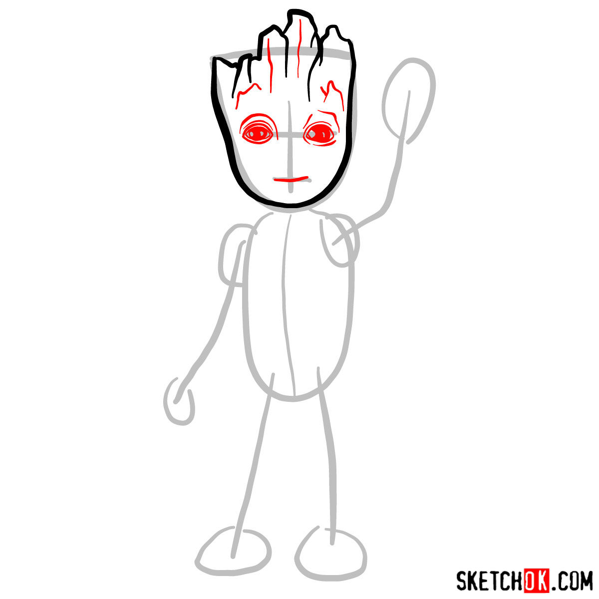 How to draw Baby Groot waving - step 03