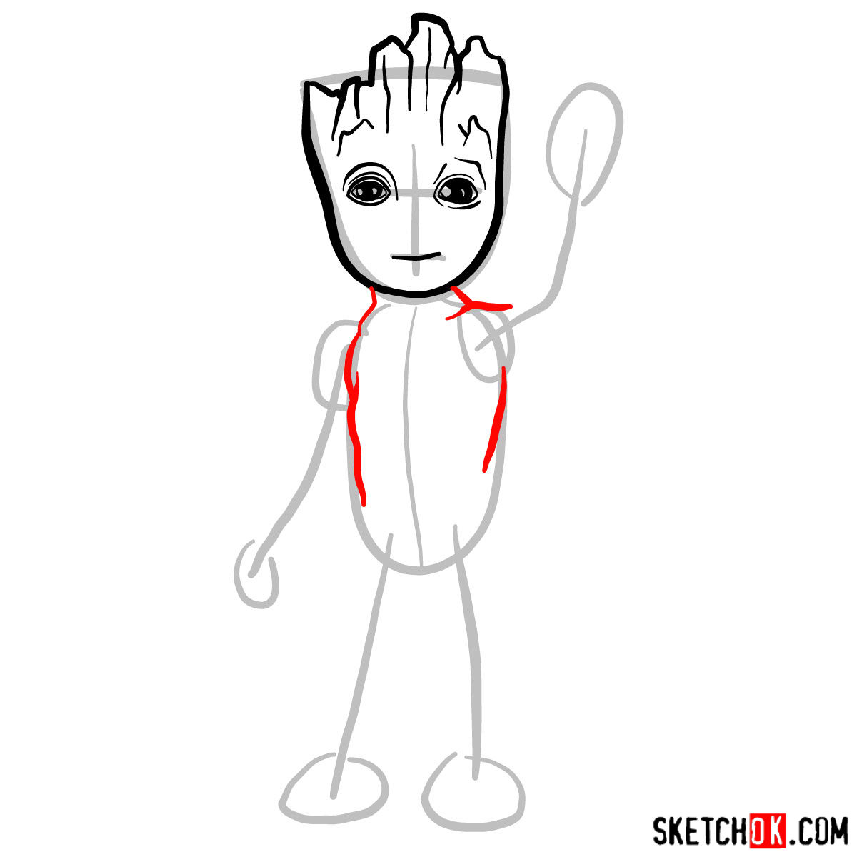 How to draw Baby Groot waving - step 04