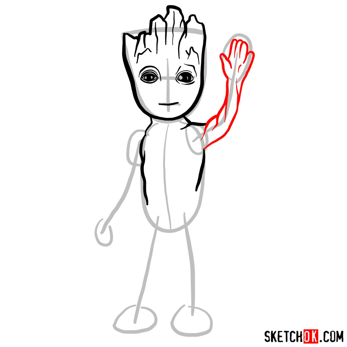 How to draw Baby Groot waving - step 05