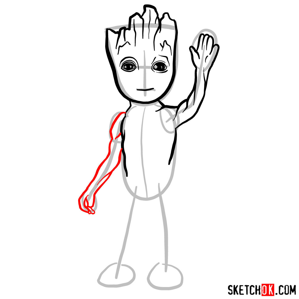 How to draw Baby Groot waving - step 06