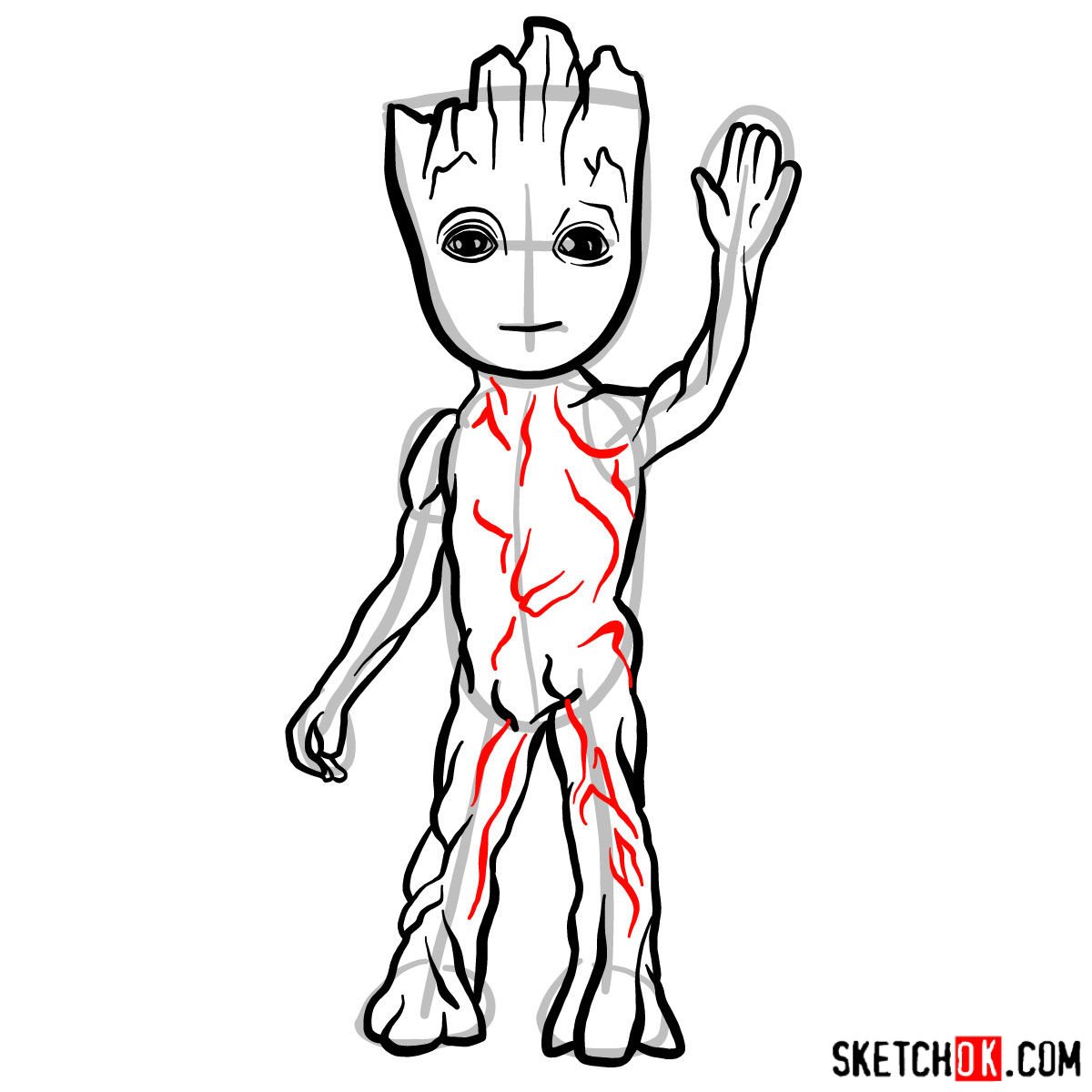 How to draw Baby Groot waving - step 09