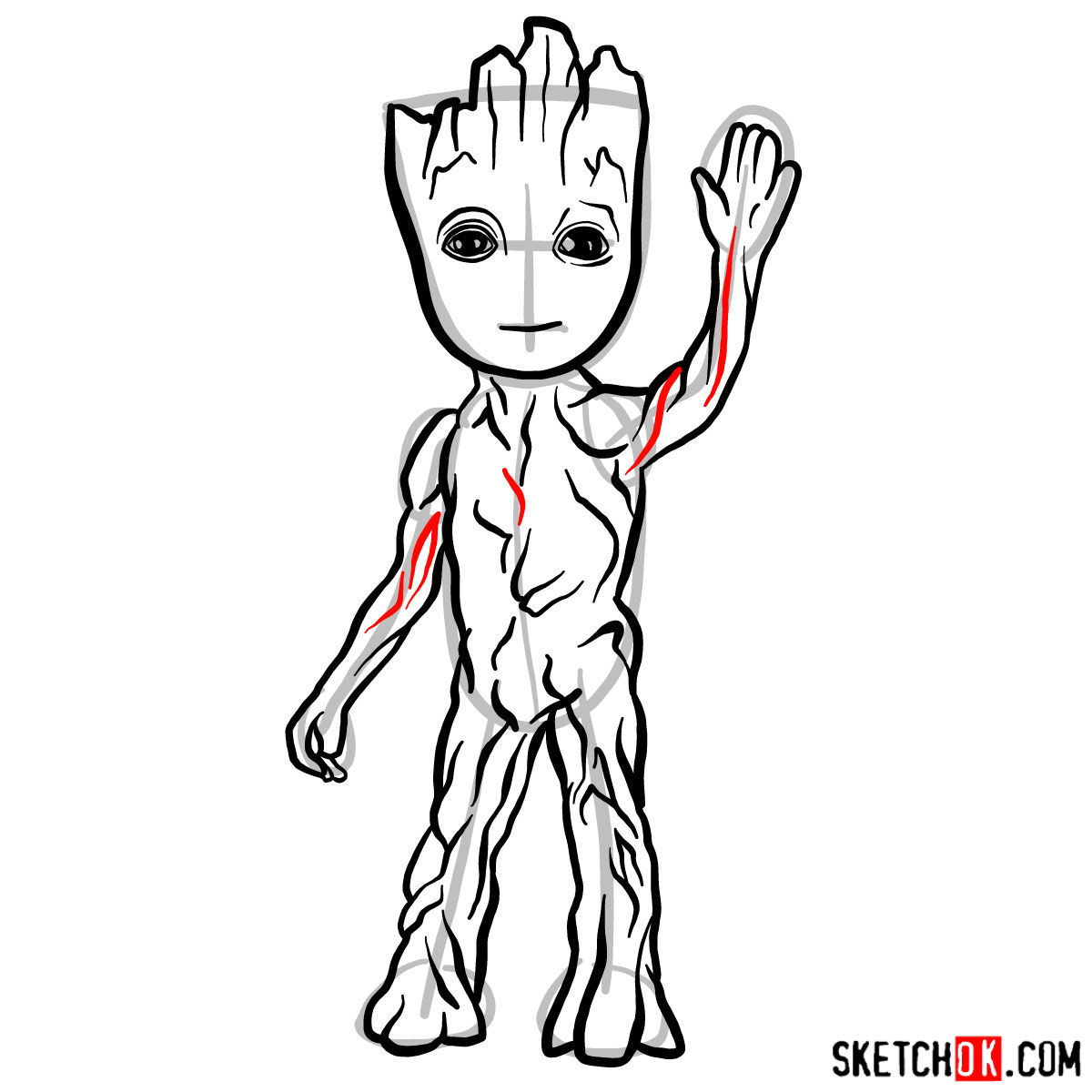 How to draw Baby Groot waving - step 10
