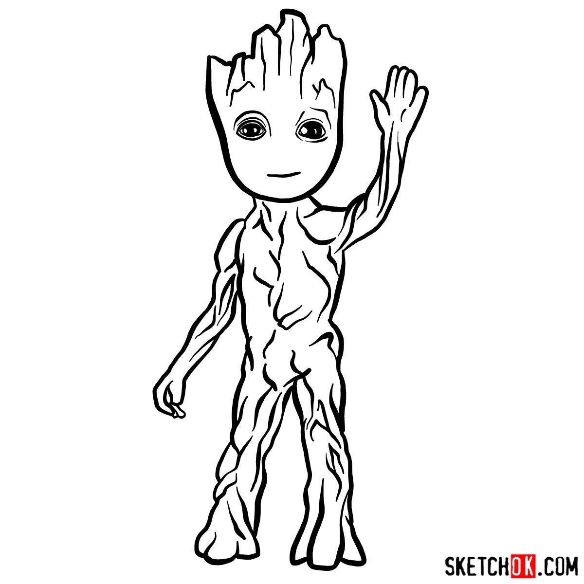 How to draw Baby Groot waving - step 11