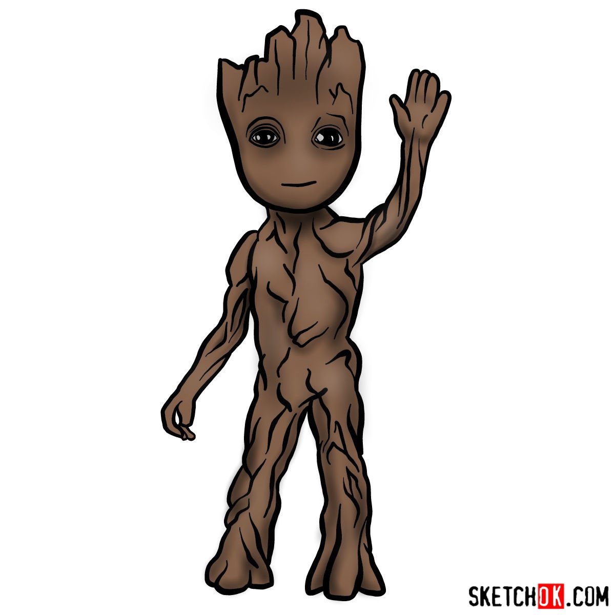 How to draw Baby Groot waving - Sketchok easy drawing guides
