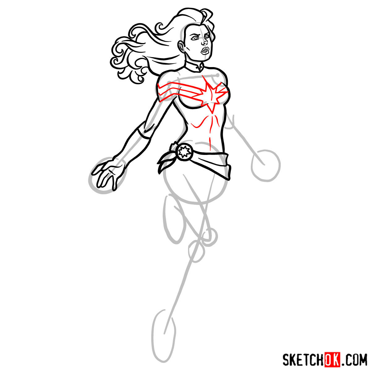How to draw Captain Marvel (Carol Danvers) - step 09