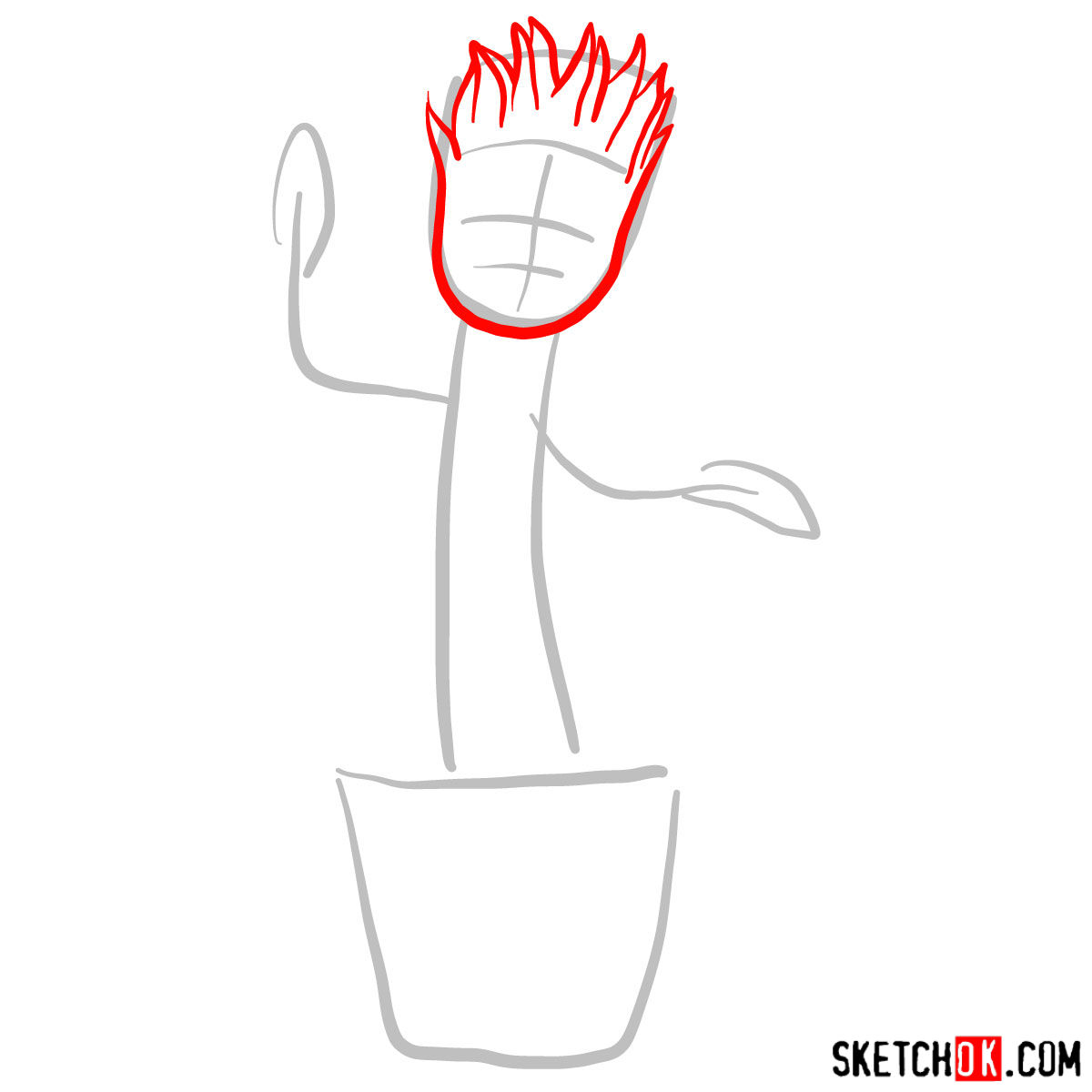 Baby Groot in a pot - step by step drawing tutorial - step 02