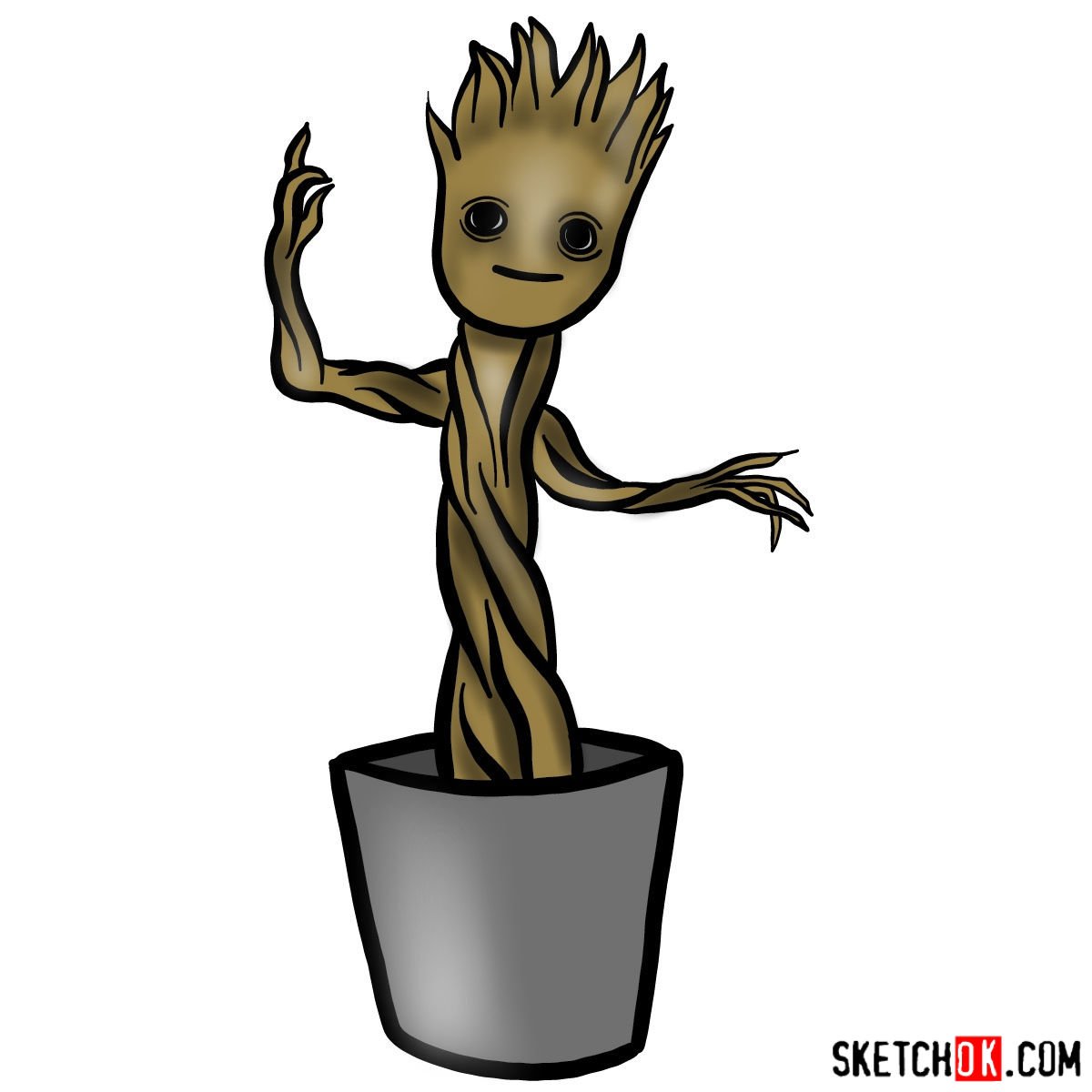 How to draw Baby Groot in a pot - Sketchok easy drawing guides