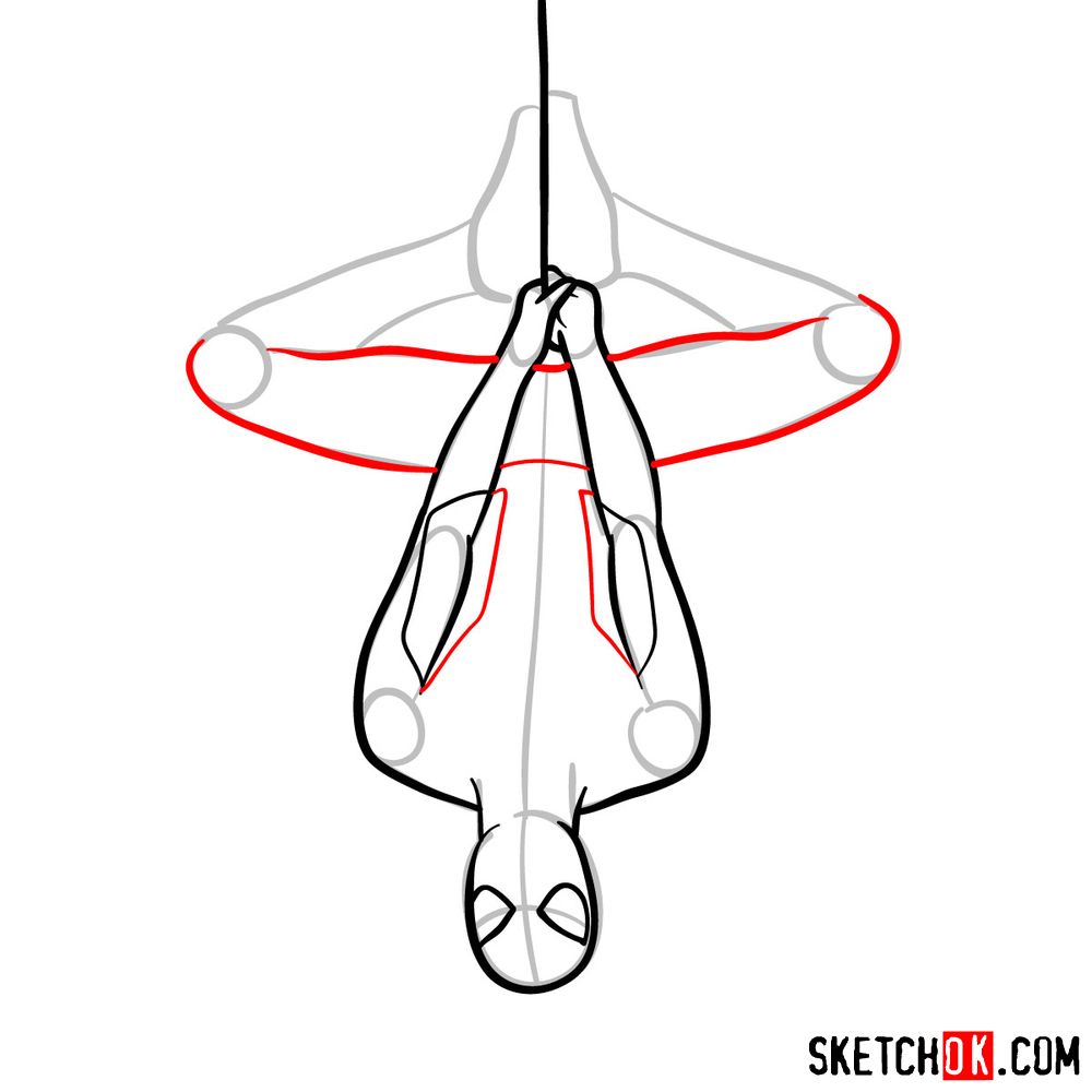 How to draw Spider-Man hanging on web - step 08.