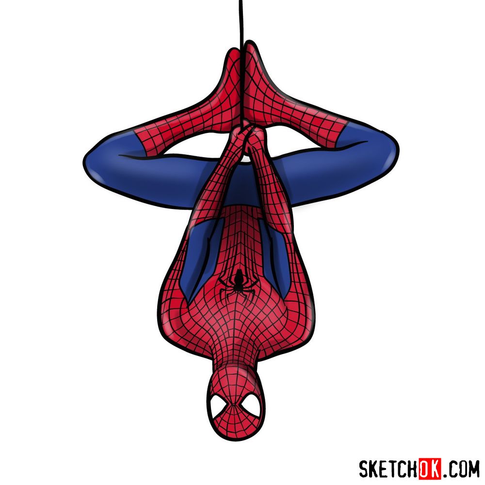 How to draw Spider-Man hanging on web