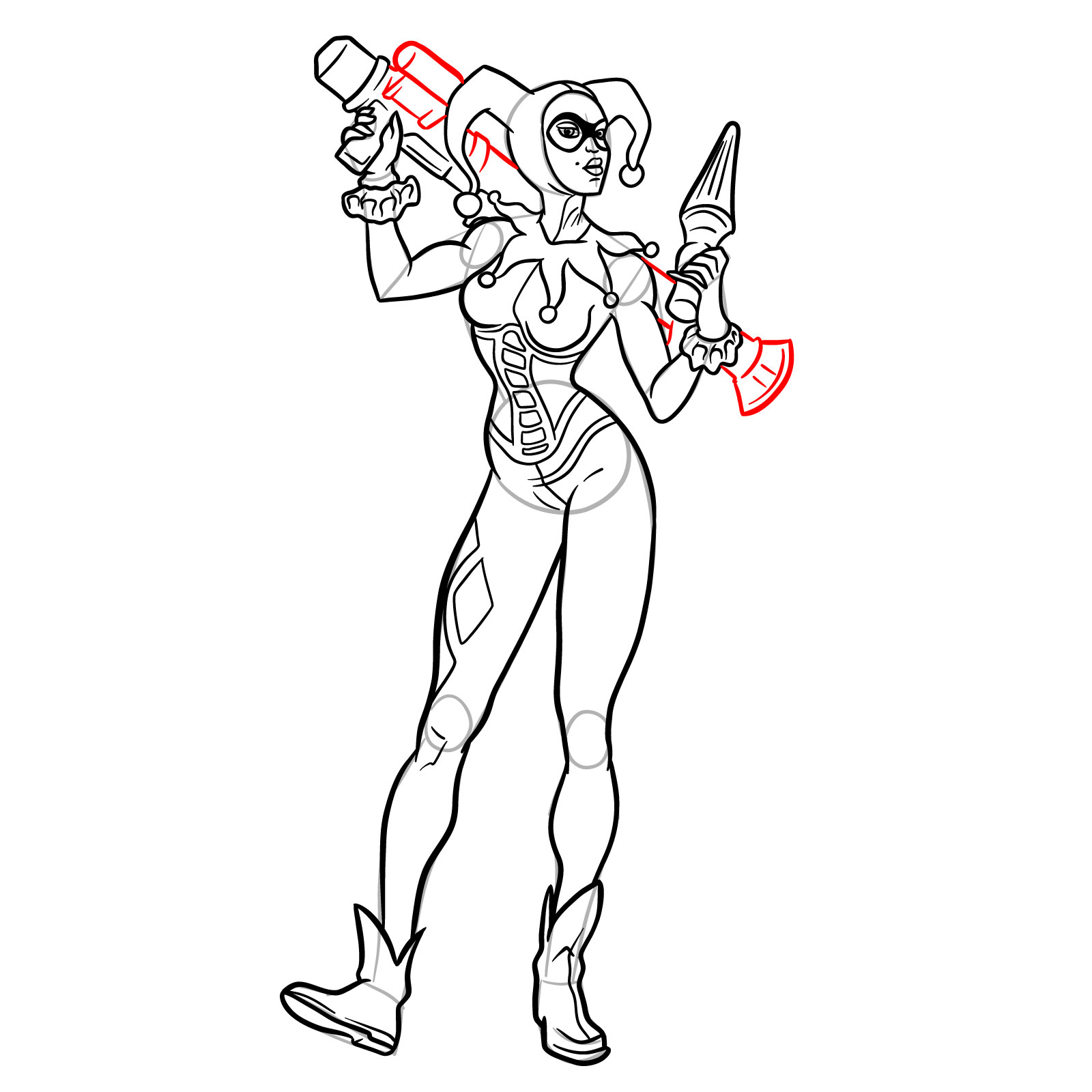 How to draw Harley Quinn with guns - step 30
