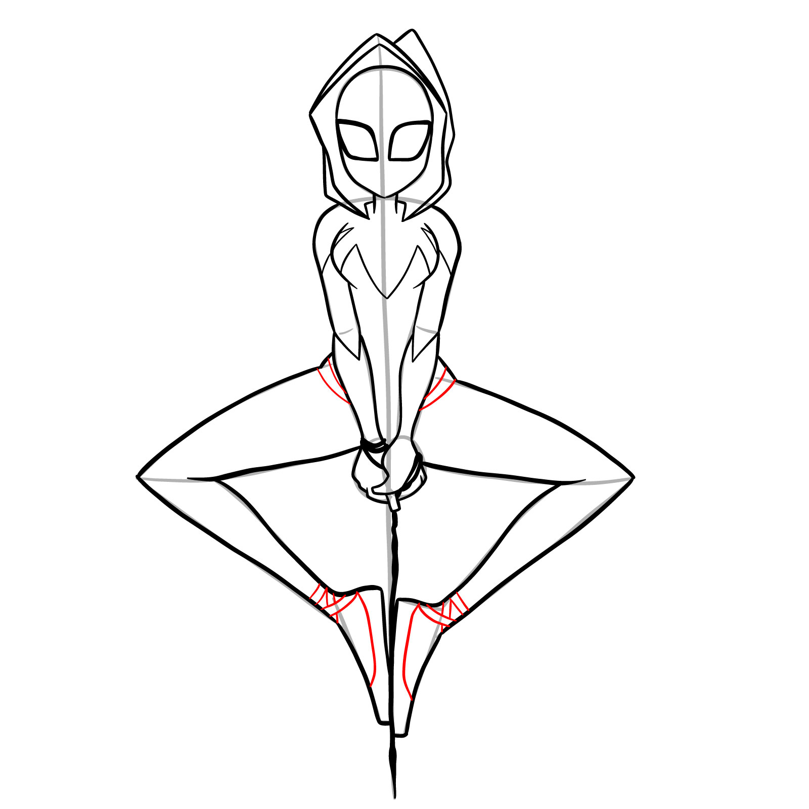 How to draw Spider-Gwen hanging on a web - step 26