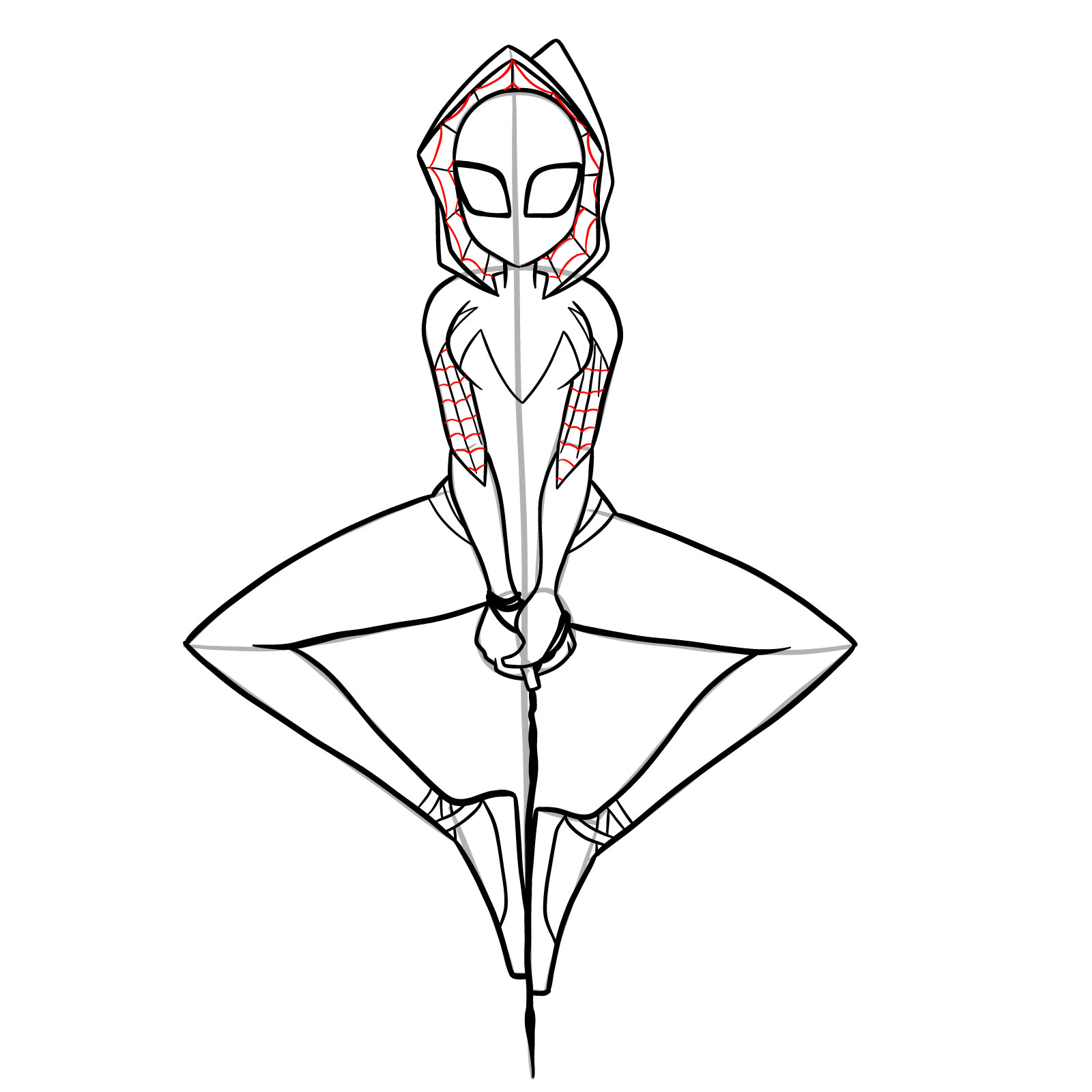 How to draw Spider-Gwen hanging on a web - step 28