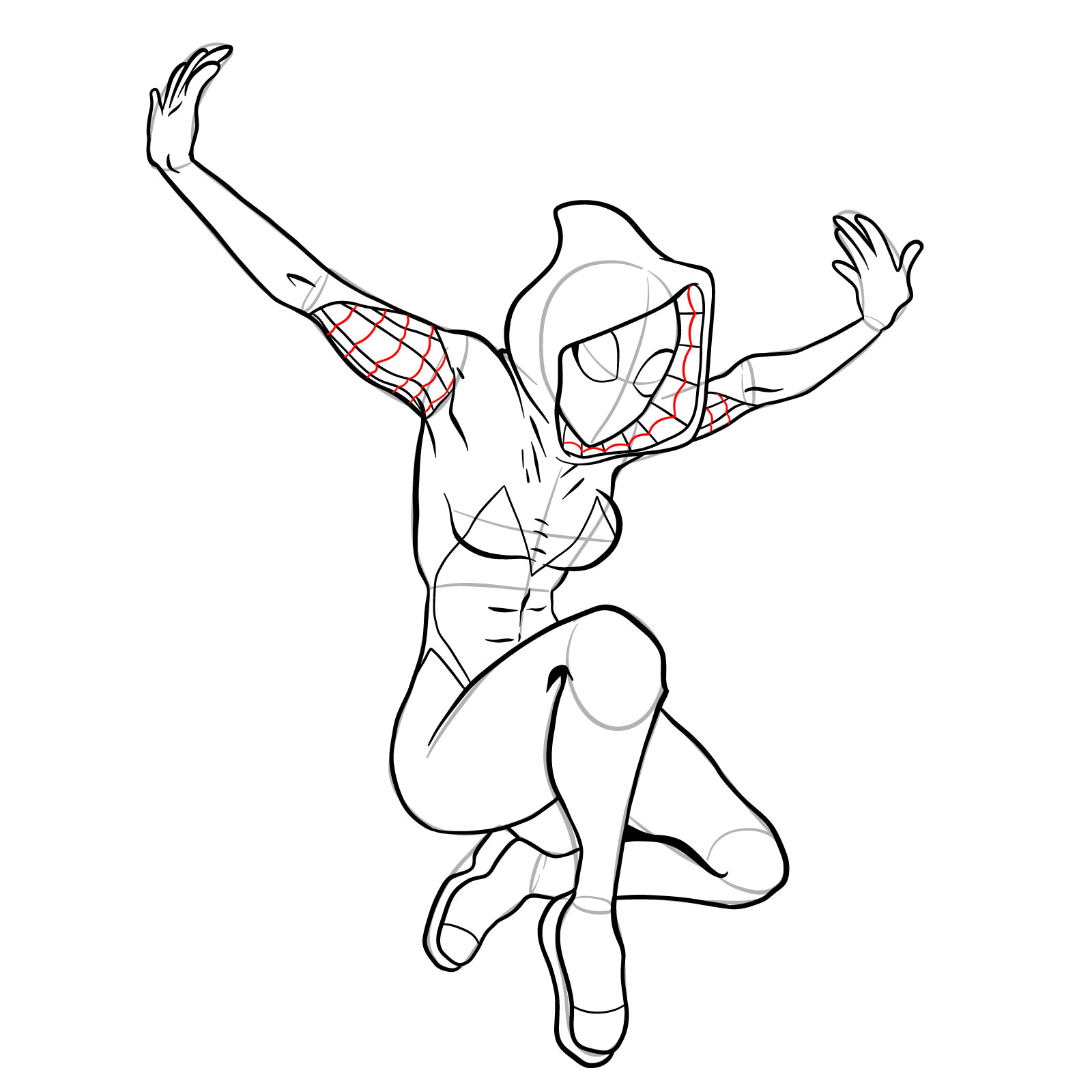 How to draw Spider-Gwen in a jump - step 33