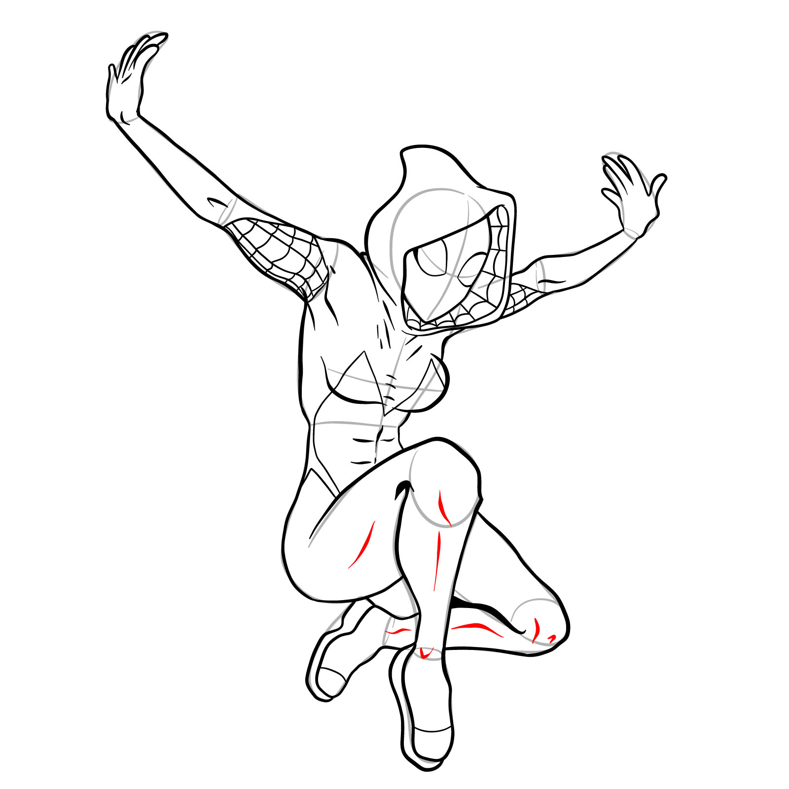 How to draw Spider-Gwen in a jump - step 34