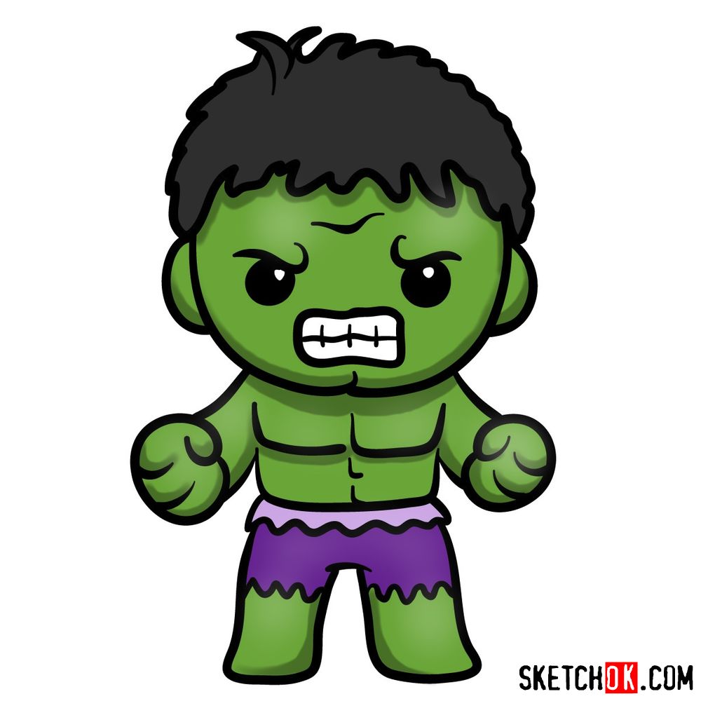 How to draw chibi Hulk | Cute Chibi Superheroes - Sketchok easy drawing  guides