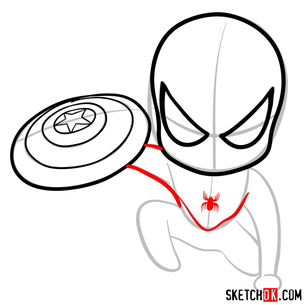 How to draw chibi Spider-Man with Cap's shield - step 07