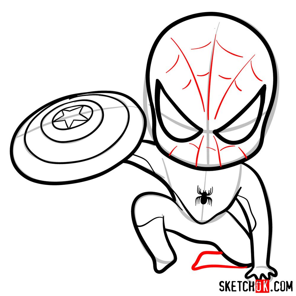 How to draw chibi Spider-Man with Cap's shield - step 11