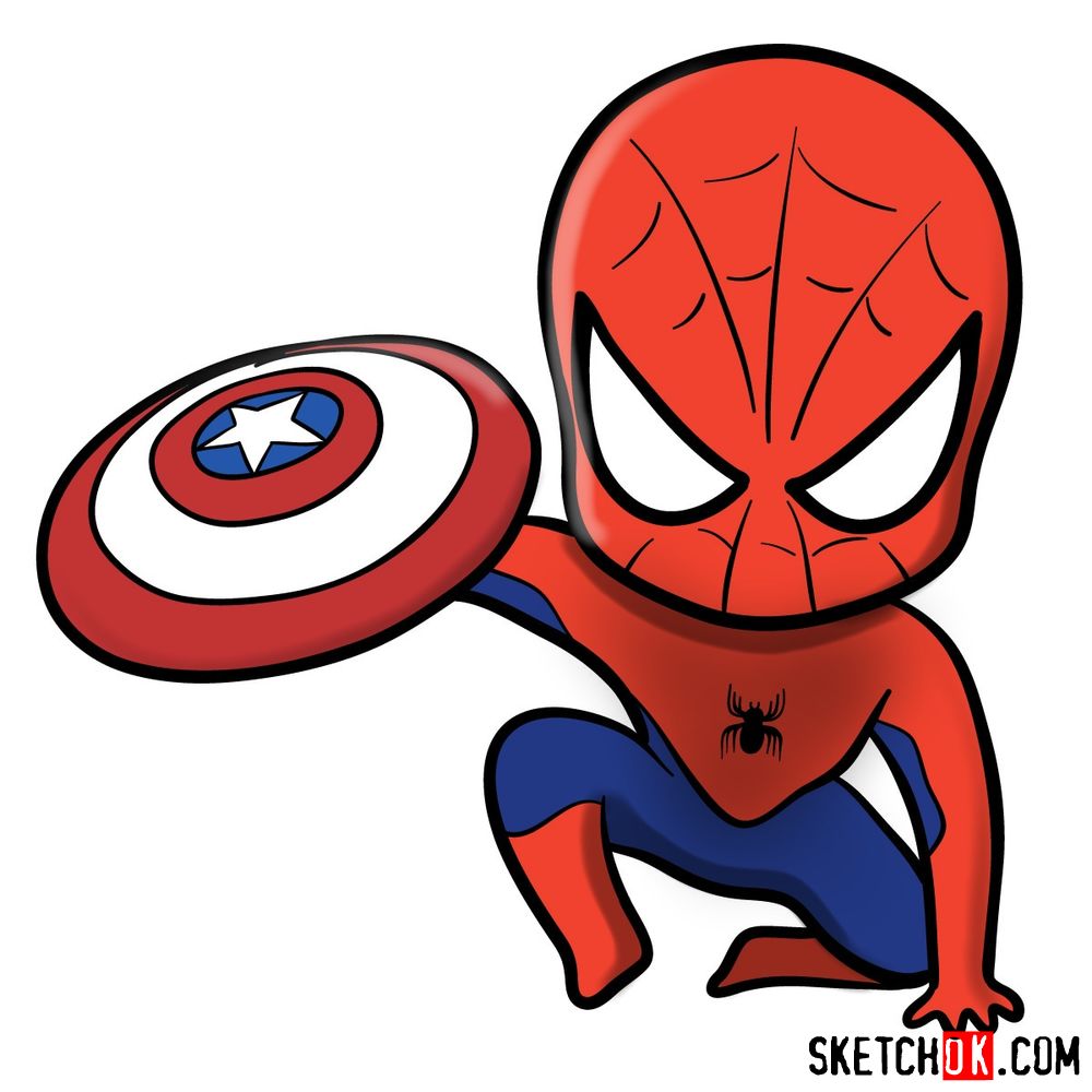 How to draw chibi Spider-Man with Cap's shield