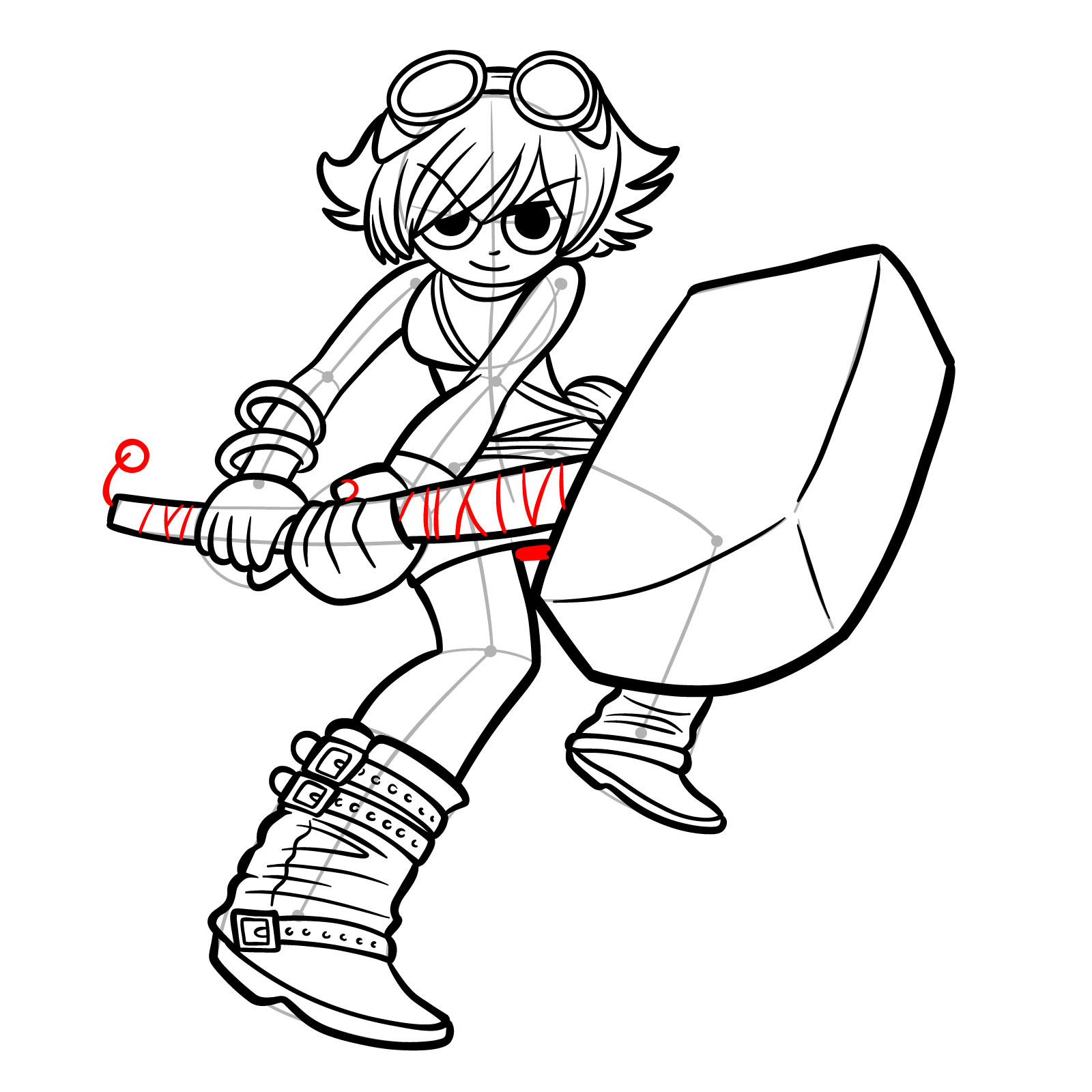 Ramona Flowers with her Large Hammer drawing - easy step-by-step guide - step 22