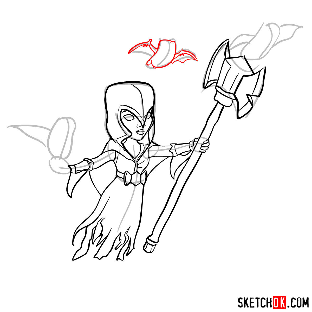 How to draw Night Witch (Bat) from Clash of Clans - step 09