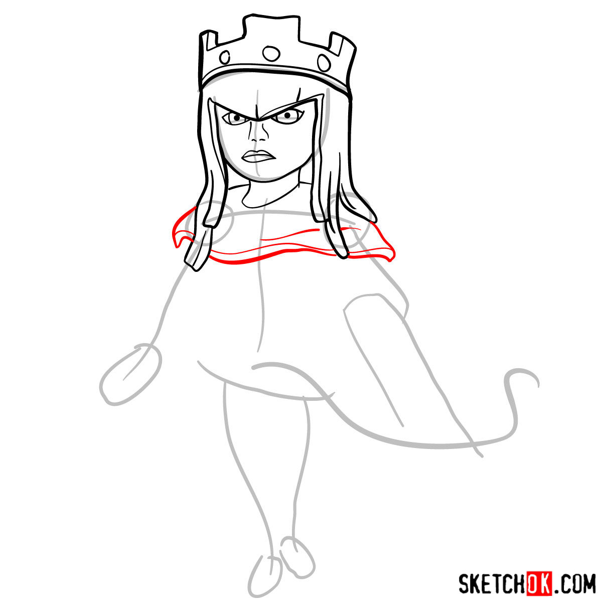 How to draw Archer Queen from Clash of Clans game - step 06