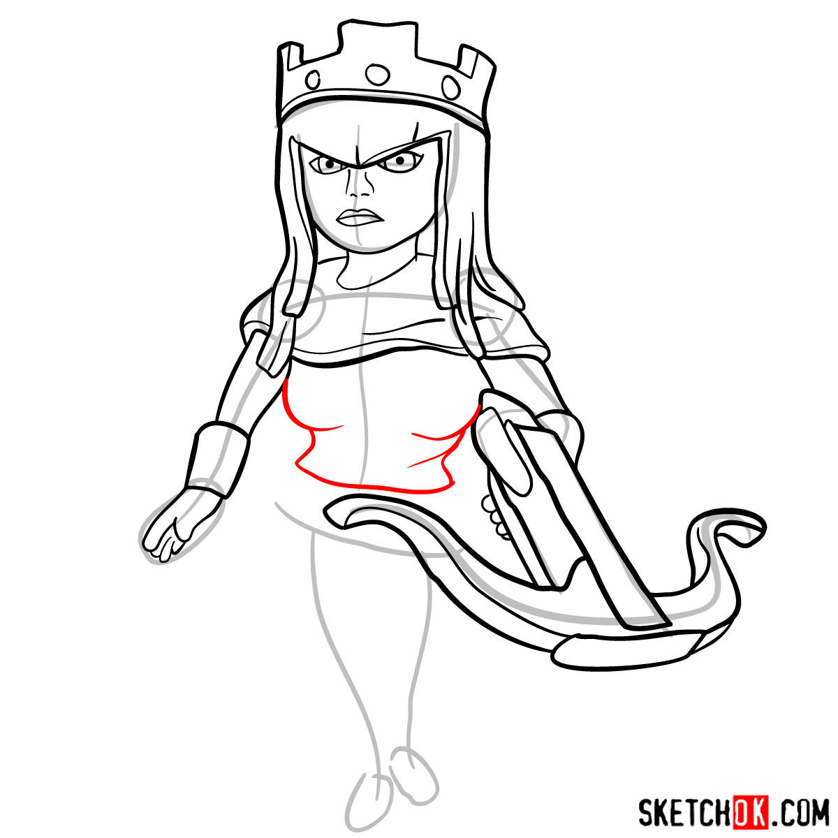 How to draw Archer Queen from Clash of Clans game - step 10