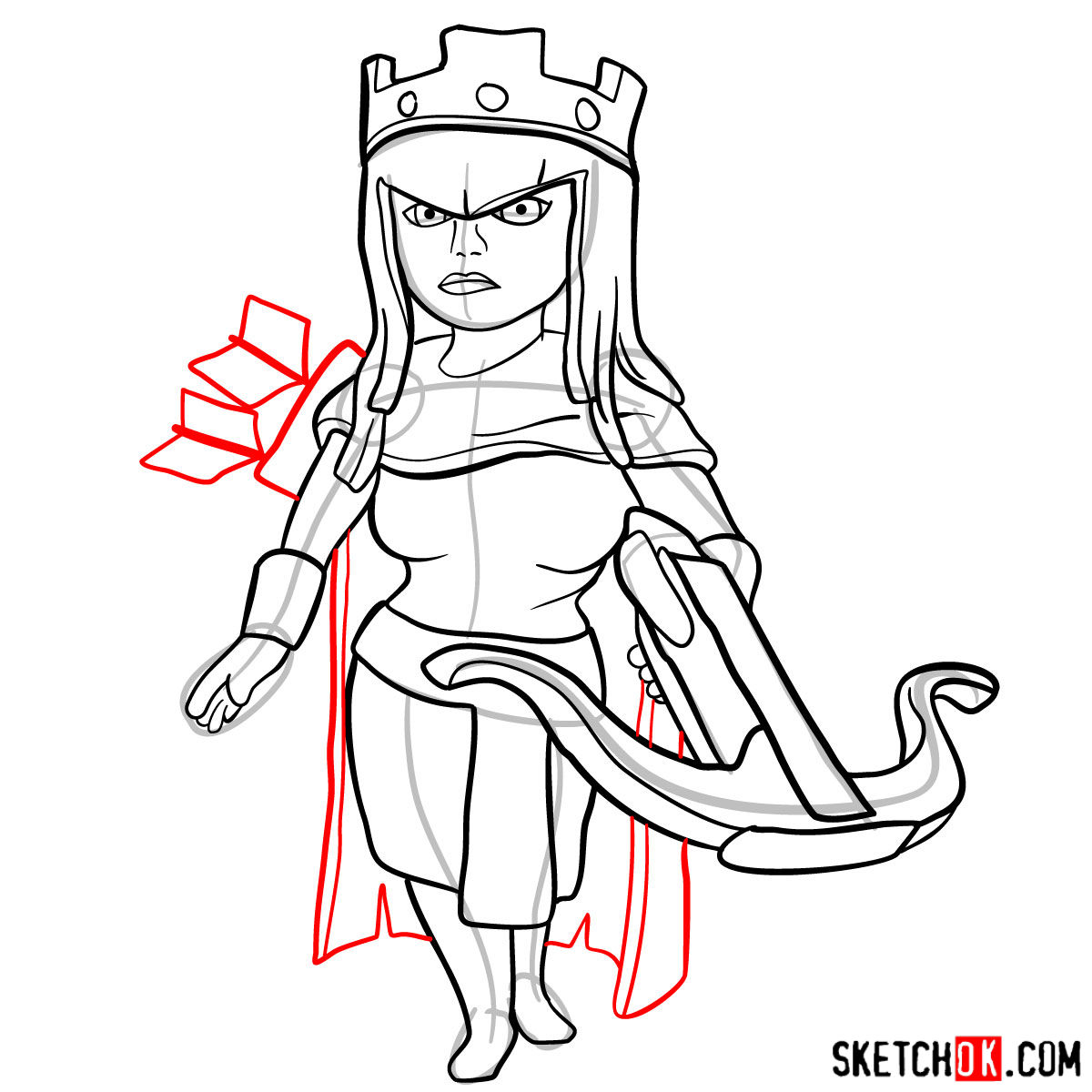 How to draw Archer Queen from Clash of Clans game - step 13