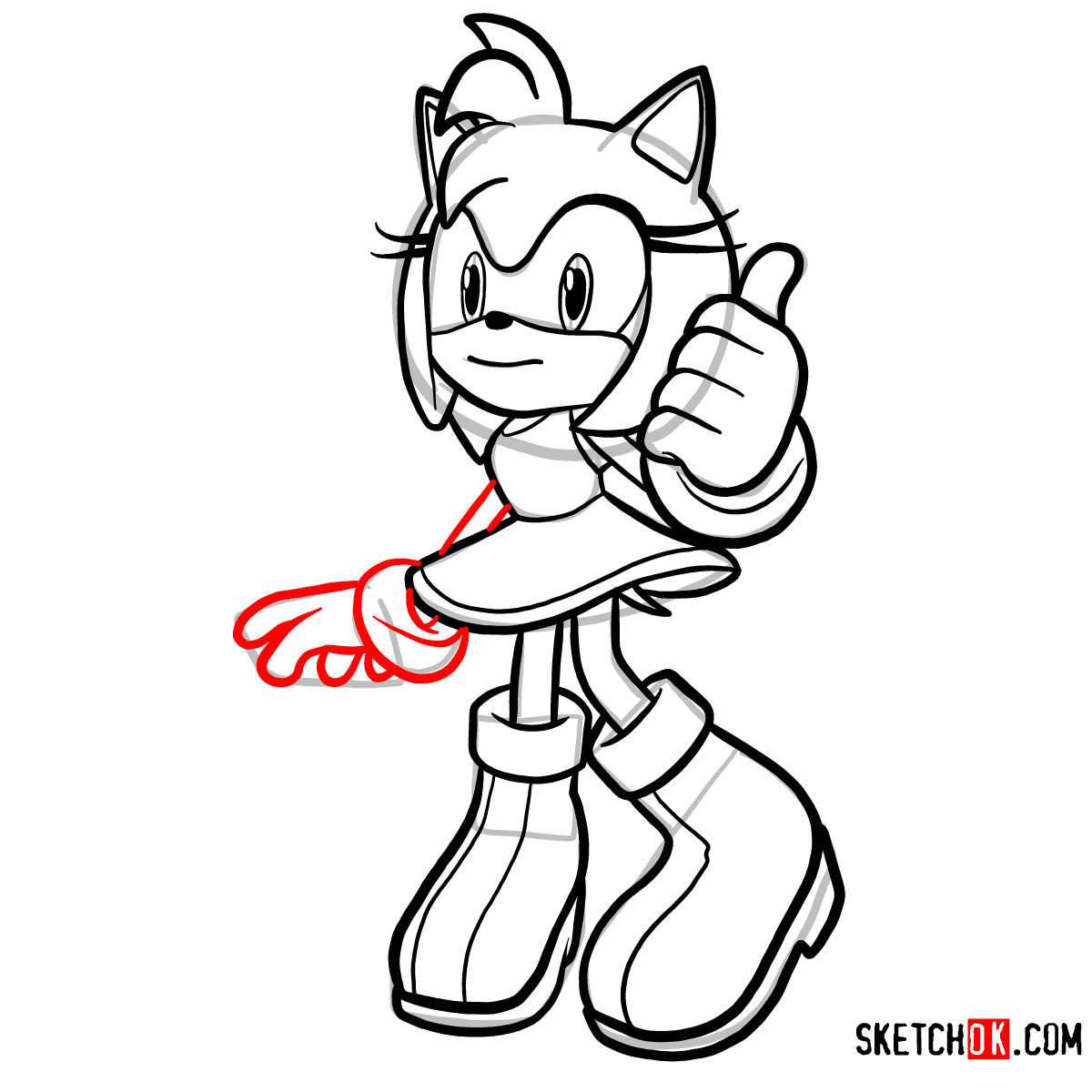 Step-by-step drawing guide of Amy Rose.