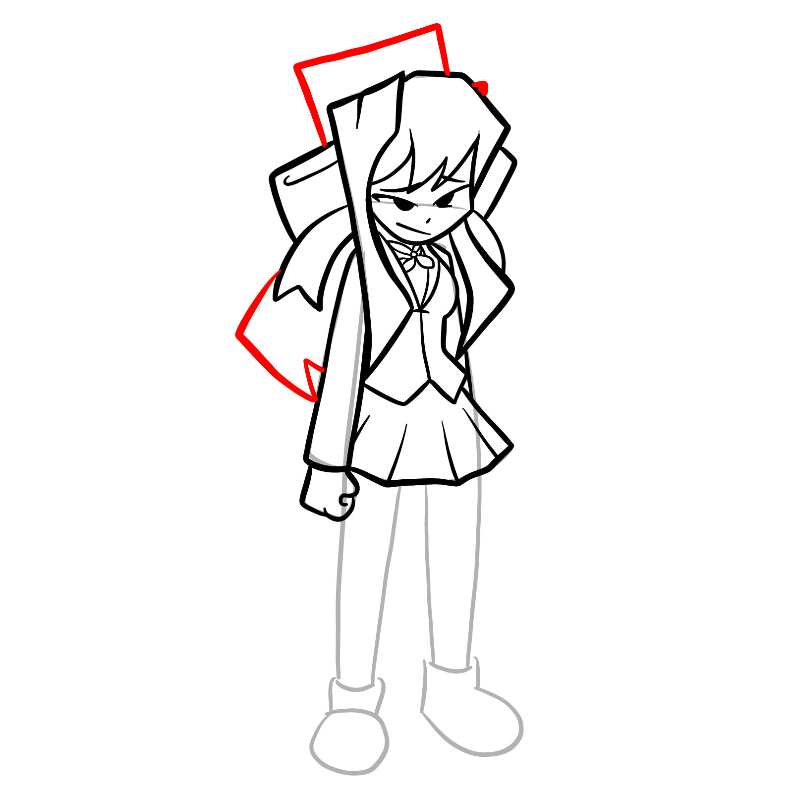 How to draw Monika from FNF Hotline 024 - step 21.