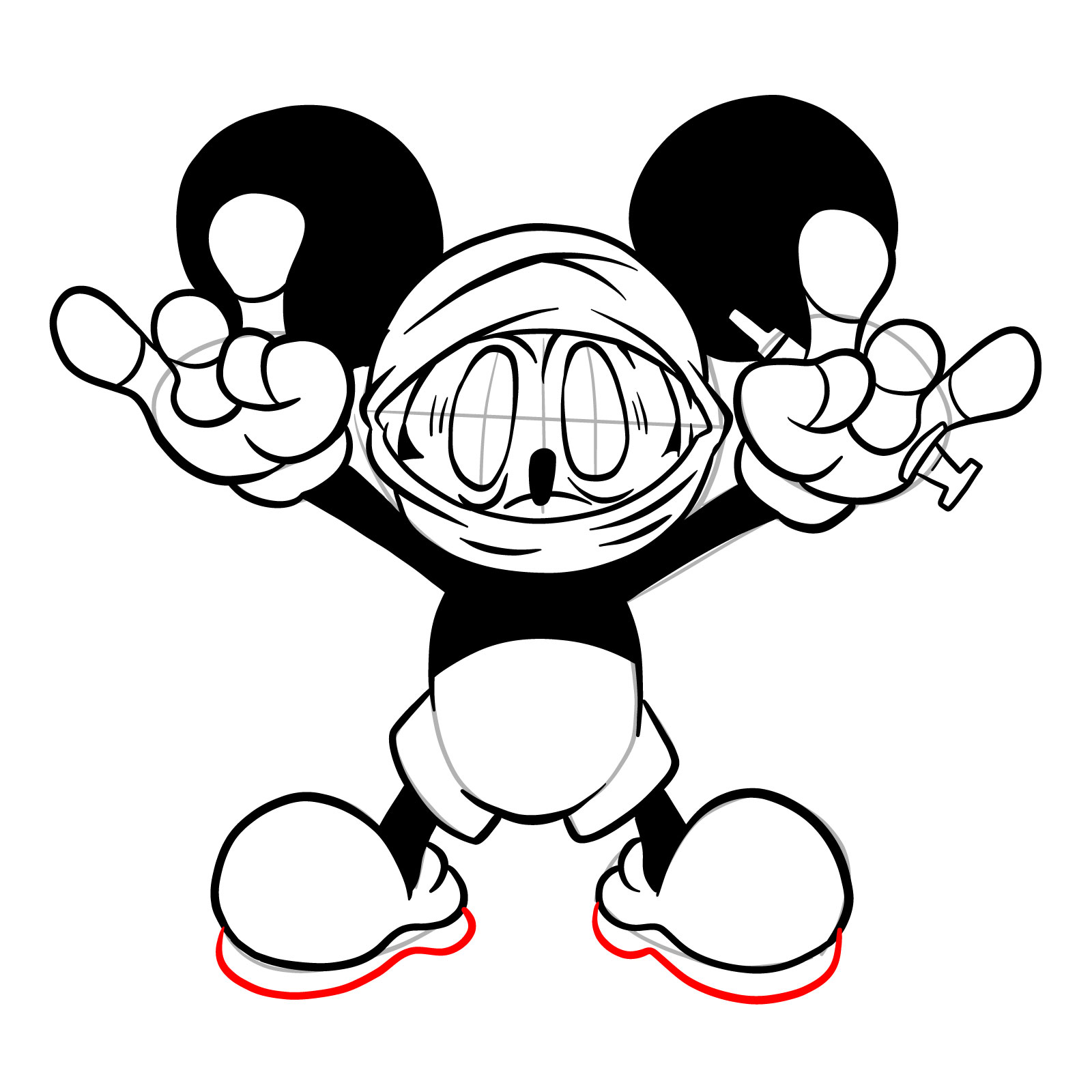How to draw battered Mickey taunting - step 24
