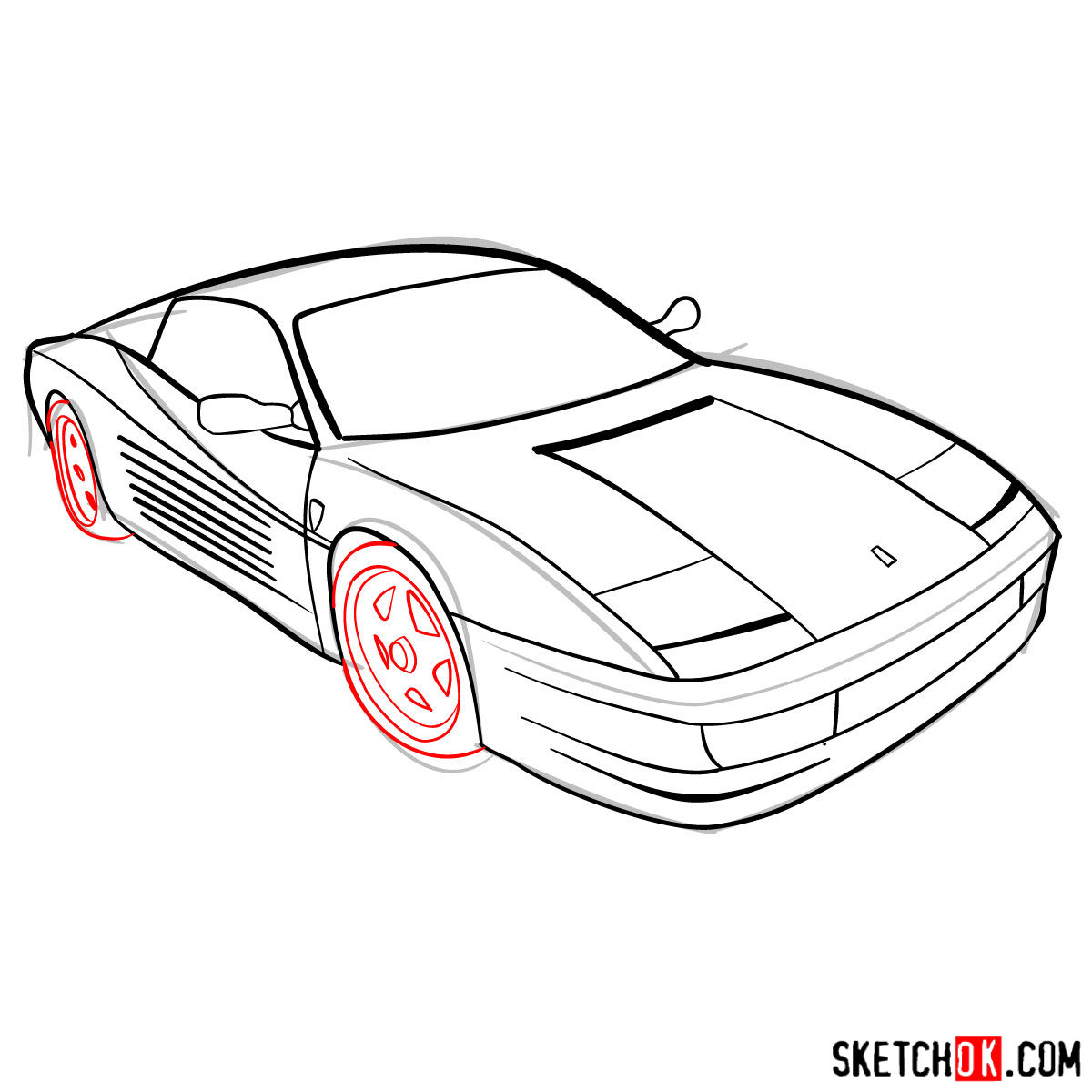 How to draw Ferrari Testarossa supercar - step 08