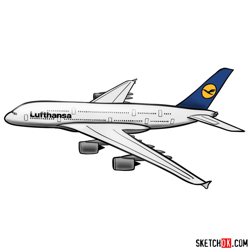 How to draw Airbus A380 (Lufthansa) side view